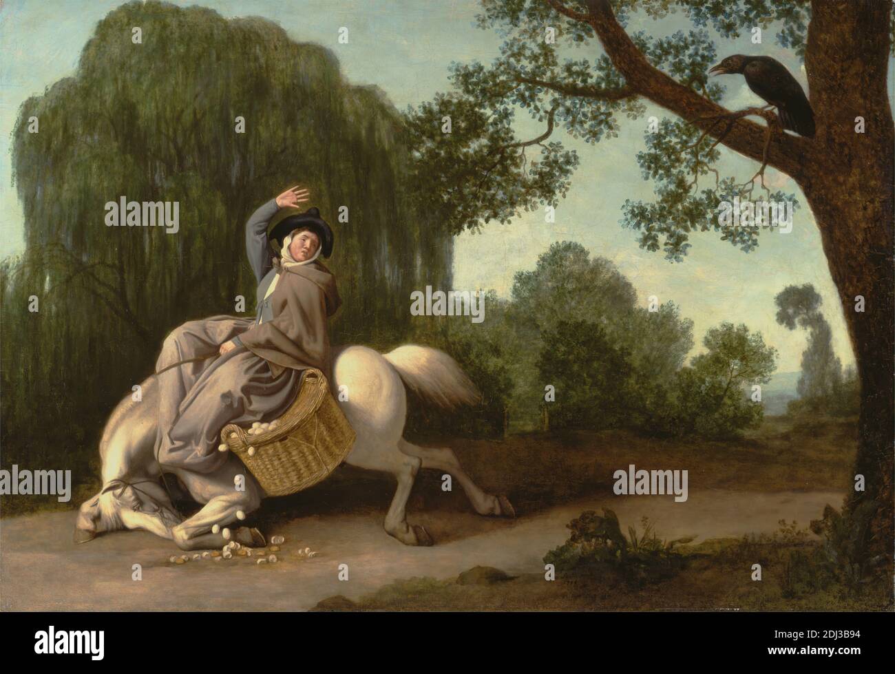 The Farmer's Wife and the Raven, George Stubbs, 1724–1806, British, 1786, Bienenwachs und Öl auf Mühlbrett, Support (PTG): 26 1/2 x 38 1/2 Zoll (67.3 x 97.8 cm), Korb, Vogel, gebrochen, Kostüm, Traum, Eier, Bauer, Fifty-One Fabeln in Vers oder Fabeln von John Gay (1727, Teil der zweiten 1738), erschrocken, Genre Thema, Geste, Pferd (Tier), Landschaft, literarisches Thema, Literatur, Rabe, Frau, Weide, Frau Stockfoto