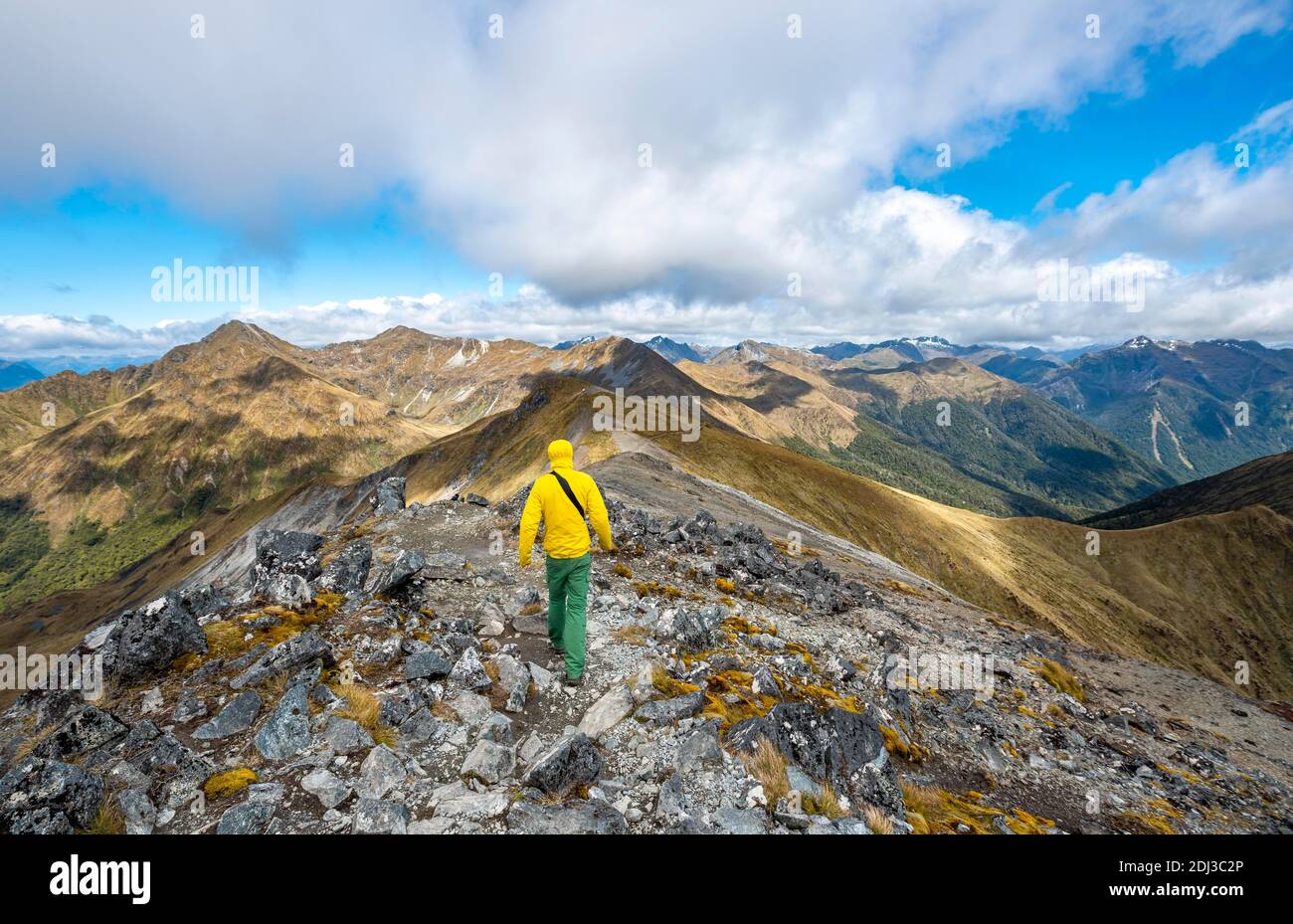 Bergsteiger, Wanderer auf dem Gipfel des Mount Luxmore, Blick auf die Murchison Mountains und Kepler Mountains, Kepler Track, Great Walk, Fiordland National Stockfoto
