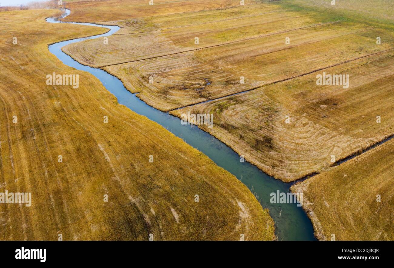 Naturverlauf der Zellerache vom Irrsee, Nasswiese, von oben, Drohnenaufnahme, Luftaufnahme, Mondseeland, Salzkammergut, Oberösterreich Stockfoto