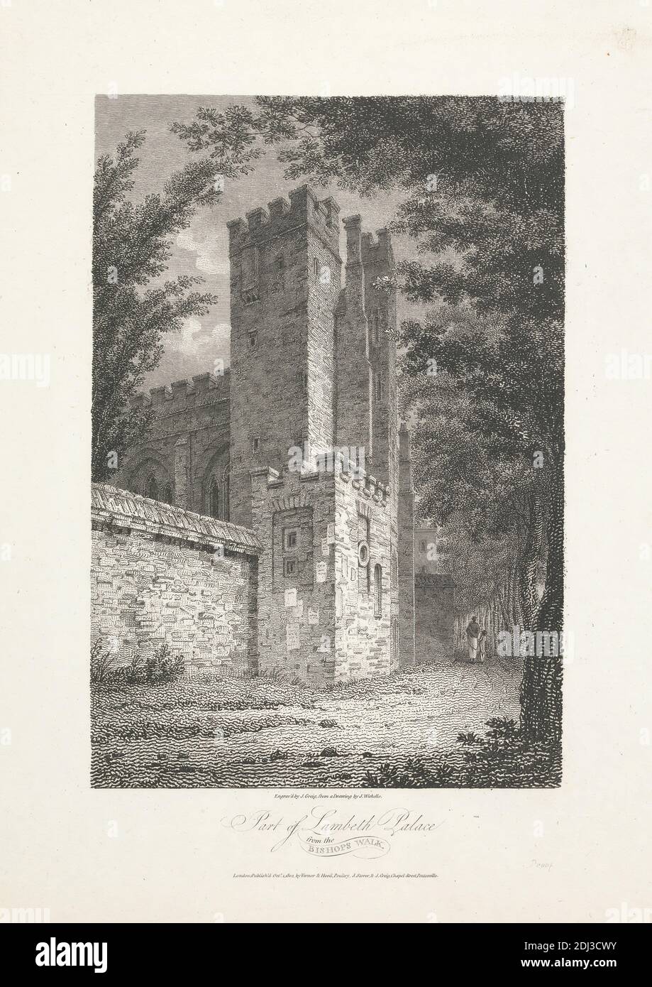 Teil des Lambeth Palace vom Bishops Walk, John Greig, aktiv 1800–1853, britisch, nach C. John M. Whichelo, 1784–1865, britisch, 1804, Gravur Stockfoto