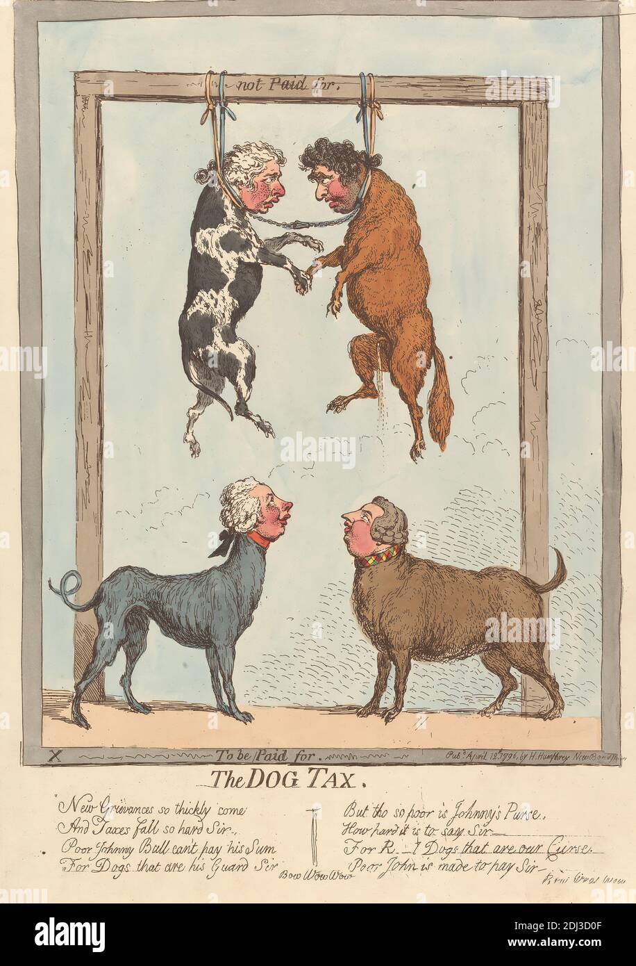 Zu bezahlen - The Dog Tax, James Gillray, 1757–1815, britisch, 1796, Radierung, handfarbig, Blatt: 11 x 8 9/16in. (27.9 x 21,7 cm Stockfoto
