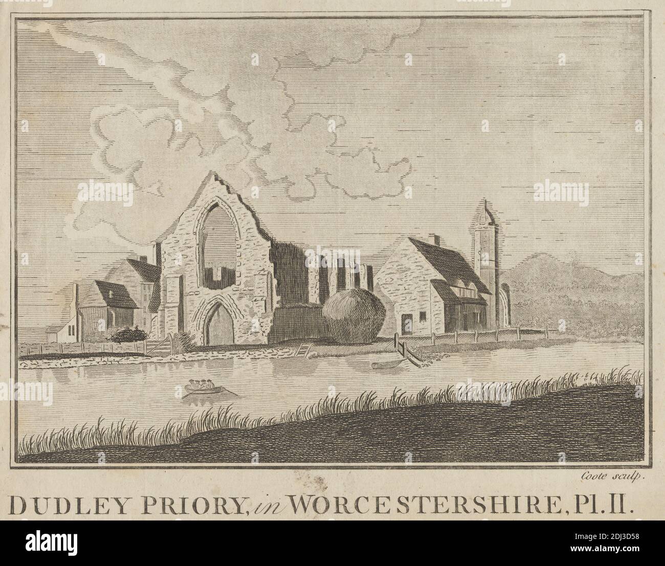 Dudley Priory in Worcestershire, Platte 2, Druck gemacht von M. Coote, aktiv 1876, nach unbekannter Künstler, Herausgegeben von Alexander Hogg, aktiv 1778–1824, britisch, vor 1786, Strichgravur und Radierung auf mittlerem, leicht strukturiertem, blauem, weiß gedeckten Papier, Blatt: 5 13/16 x 7 5/8 Zoll (14.7 x 19.3 cm) und Bild: 4 13/16 x 6 13/16 Zoll (12.3 x 17.3 cm), Bögen, architektonisches Thema, Architektur, Boote, Kamine (architektonische Elemente), Wolken, Zäune, Tor, Gras, Heu, Hügel, Landschaft, Männer, Kloster, Berge, Ruder, Priorat, religiöses Gebäude, Fluss, Rudern, Ruinen, Turm (Gebäudeteilung Stockfoto