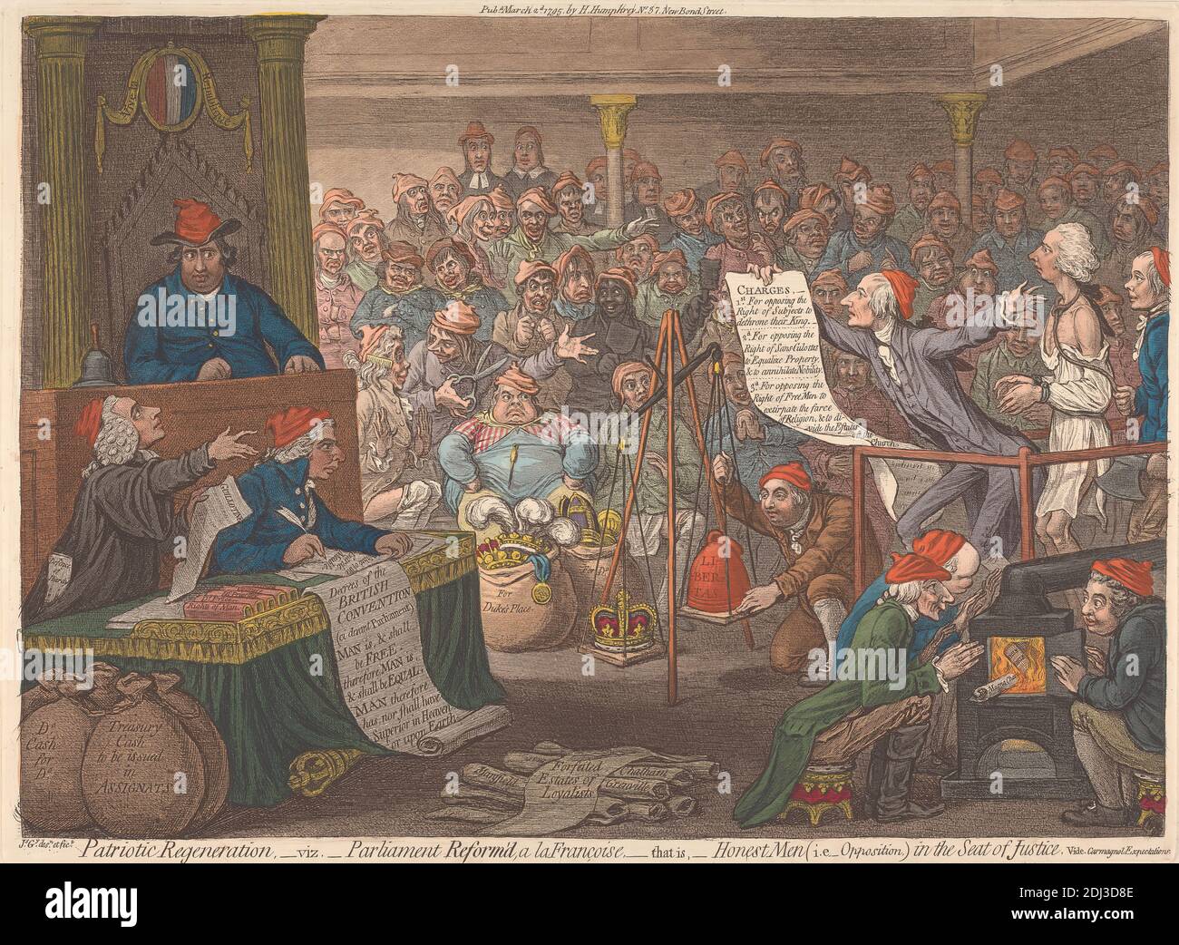 Patriotische Regeneration, - Viz - Parlament Refoun'd a la Francoise, - das heißt, - ehrliche Männer (dh Opposition) im Sitz der Justiz. Vide, Carmaguol Expectations, James Gillray, 1757–1815, British, 1795, Radierung, handfarbig, Blatt: 11 5/8 x 16 (29.5 x 41,3 cm Stockfoto