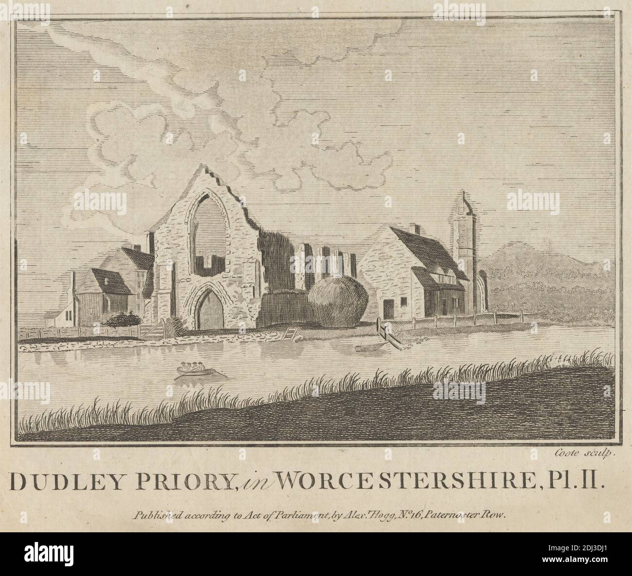 Dudley Priory in Worcestershire, Plate 2, M. Coote, Active 1876, nach unbekannter Künstler, Published by Alexander Hogg, Active 1778–1824, British, before 1786, Liniengravur und Radierung auf mittlerem, leicht strukturiertem, blauem, weiß gegoßenem Papier, Blatt: 6 15/16 x 8 3/4 Zoll (17.7 x 22.2 cm) und Bild: 4 13/16 x 6 7/8 Zoll (12.3 x 17.4 cm), Bögen, architektonisches Thema, Architektur, Boote, Kamine (architektonische Elemente), Wolken, Zäune, Tor, Gras, Heu, Hügel, Landschaft, Männer, Kloster, Berge, Ruder, Priorat, religiöses Gebäude, Fluss, Rudern, Ruinen, Turm (Gebäudeteilung), Dudley, Dudley Stockfoto