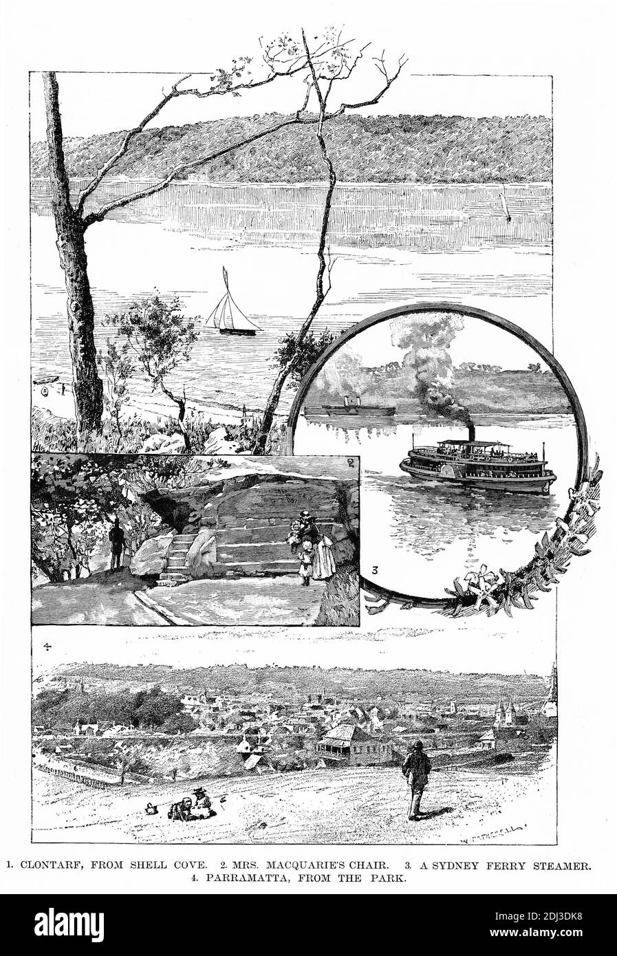 Gravur von verschiedenen Ansichten von Sydney, um 1880, von oben: Clontarf, von Shell Cove; Mrs Macquarie's Chair; ein Sydney Fährschiff; Parramatta aus dem Park Stockfoto