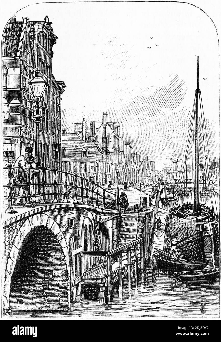 Gravur eines stark frequentierten Kanals in Amsterdam Stockfoto