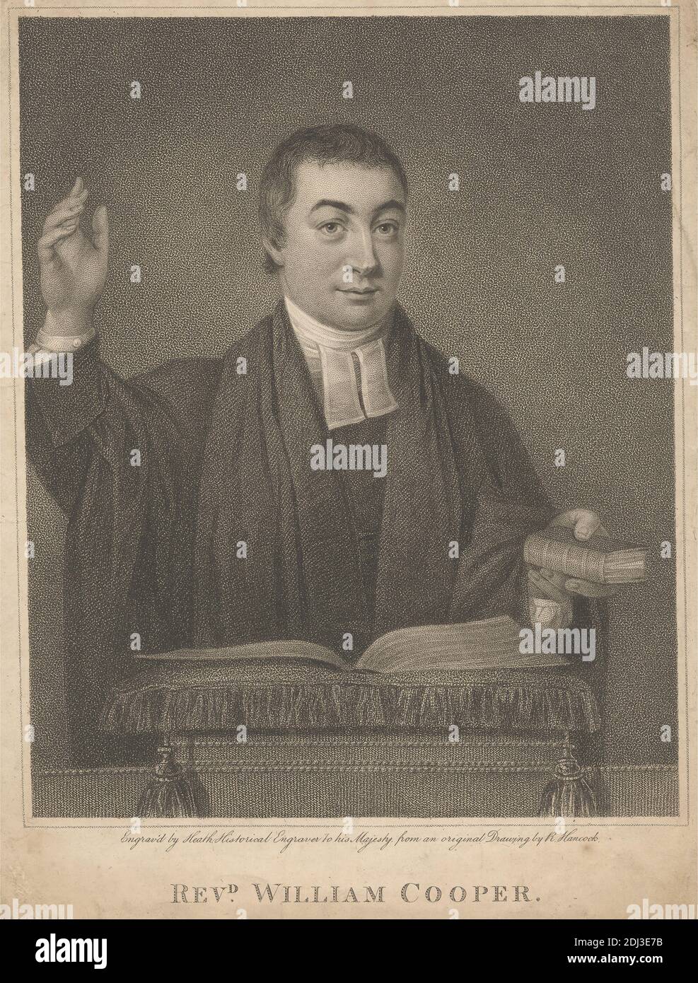 Rev. William Cooper, James Heath, 1757–1834, britisch, nach Robert Hancock, 1730–1817, britisch, undatiert, Stichstich mit Radierung auf mäßig dickem, leicht strukturiertem beigefarbenem Papier, Blatt: 10 13/16 x 9/16 cm (21.8 x 8 27.5 Zoll) und Bild: 8 3/4 x 7 1/8 Zoll (22.3 x 18.1 cm), Bibel, Bücher, Kragen, Kragen, klerikale, Gestik, Kissen, Porträt, Predigt, Reverend, Roben, Quasten Stockfoto