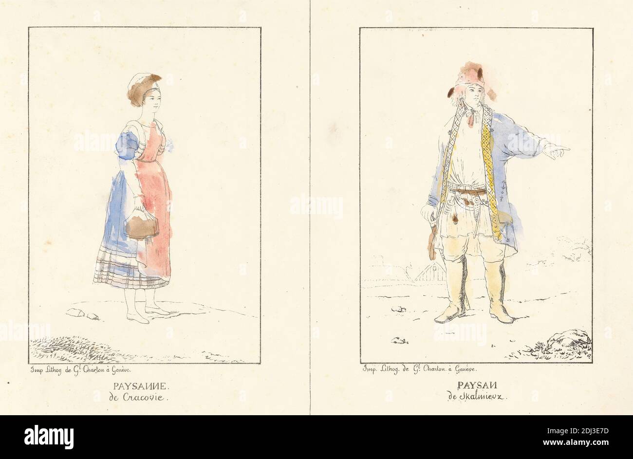 Paysanne de Cracouie; Paysan de Kalmieux, Druck von Gabriel Charton, aktiv 1810, nach unbekannter Künstler, ca. 1810, Lithograph handfarbig mit Aquarell auf mäßig dickem, leicht strukturiertem beigefarbenem Papier, Blatt: 10 1/4 x 12 15/16 cm (32.8 x 26 Zoll), Bild: 13/16 x 14.8 cm (5 10.2 x 4 Zoll) und Bild: 5 13/16 x 4 Zoll (14.8 x 10.2 cm), Schürze, Tasche, Gürtel, Haube, Stiefel, Mantel, Bauernhof, Figurenstudie, Blick, Genremotiv, Hut, Illustration, Mann, Bauern, Zeigen, Posen, Robe, Felsen (Landformen), Tunika, Frau Stockfoto