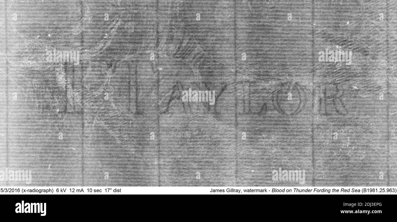 Blood on Thunder Fording the Red Sea, James Gillray, 1757–1815, British, Published by S. W. Fores, 1785–1825, 1788, Radierung und Stippelgravur, handgefärbt auf mäßig dickem, leicht strukturiertem, cremefarbenem Papier, Blatt: 9 7/16 x 13 1/4 Zoll (24 x 33.6 cm) und Bild: 9 x 13 1/4 Zoll (22.8 x 33.6 cm), Blutung, Blut, Körper, Umhang, Karikatur, Tragen, Kostüm, Tod, Sterben, fording, historische Thema, Richter, Minister, Geldbeutel, politische, Politiker, Roben, Satire, Meer, Personal, Peitsche Stockfoto
