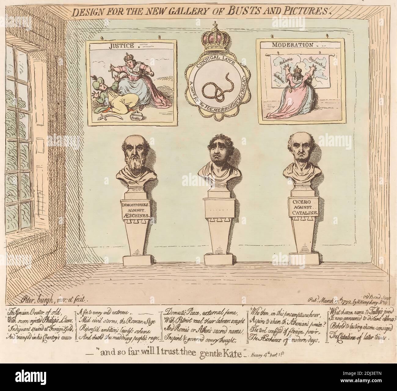 Design for the New Gallery of Busts and Pictures, James Gillray, 1757–1815, British, 1792, Radierung, handfarbig, Blatt: 9 5/8 x 12 5/16in. (24.4 x 31,3 cm Stockfoto