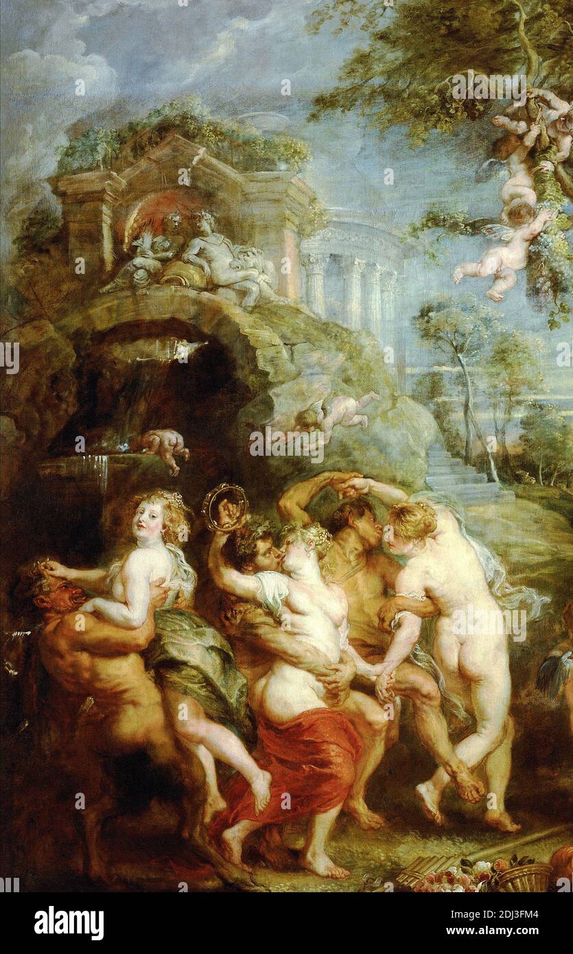 Die Bacchanalia-Szene mit Nymphen und Satyrs (das Fest der Venus) von Peter Paul Rubens 1636. Museum für Kunstgeschichte in Wien, Österreich Stockfoto