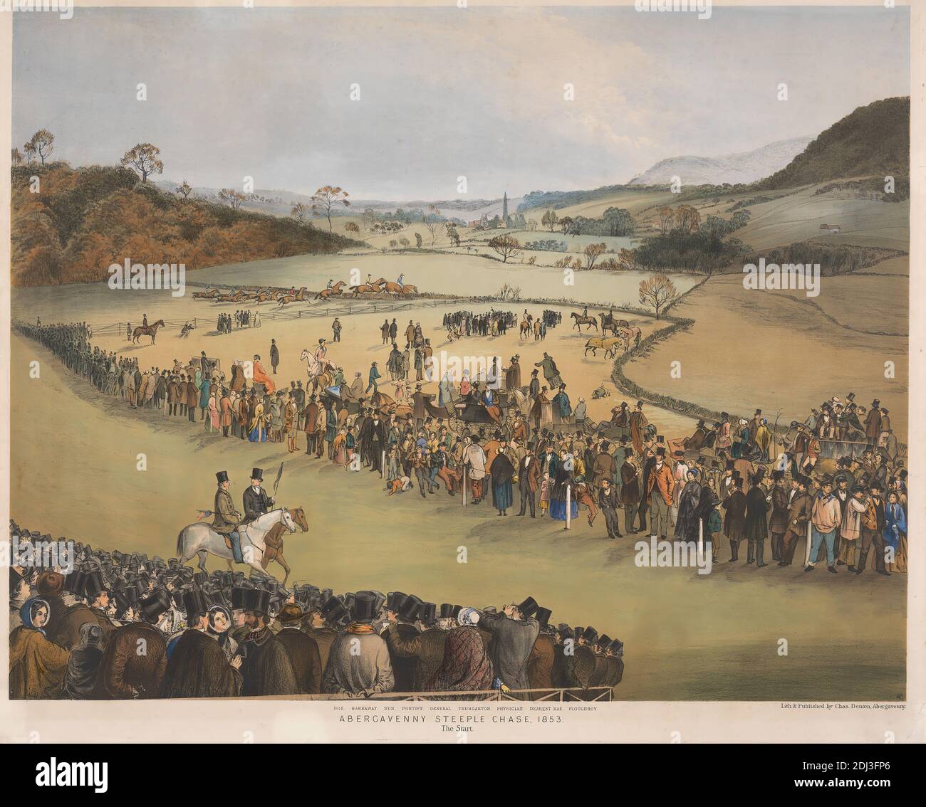 Abergavenny Steeple Chase: The Start / Doe, Harkaway, Nonne, Pontifex, General, Thurgarton, Physician, Dearest Mae, Plowboy, Charles Denton, Active 1853, British, 1853, Lithograph, Blatt: 15 7/8 x 20 1/2in. (40.3 x 52,1 cm Stockfoto