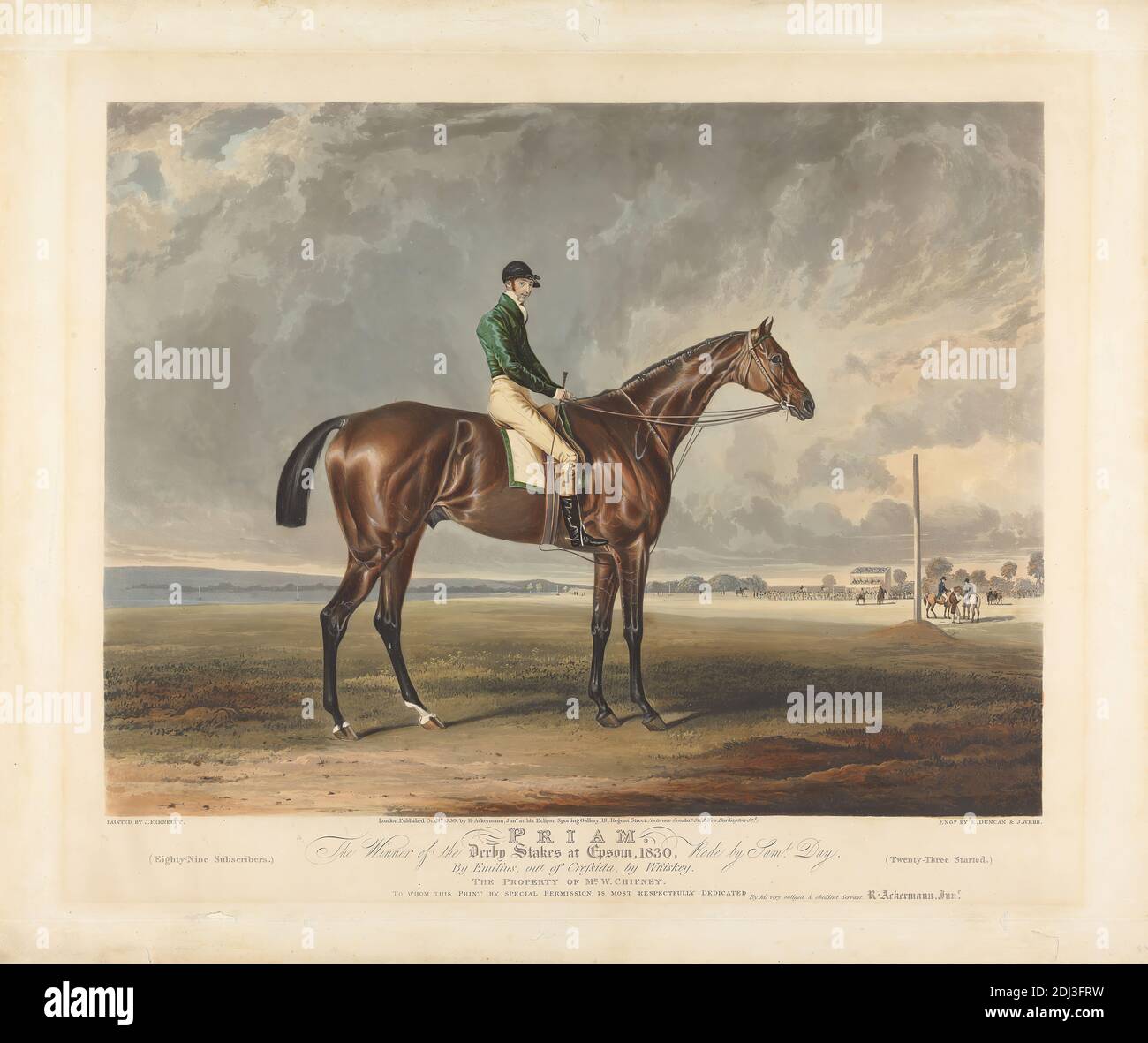 Priam. The Winner of the Derby Stakes at Epsom, Edward Duncan, 1803–1882, British, and John Webb, Active 1830–1840, after John Ferneley, 1782–1860, British, 1830, Aquatint, Hand-colored, Sheet: 15 1/4 x 20 1/4in. (38.7 x 51,4 cm Stockfoto