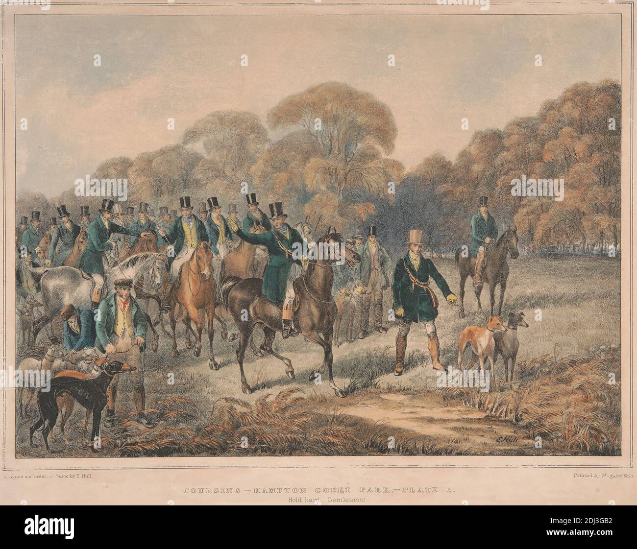 Ein Paar: Hampton Court Park. Platte 1. Hold hard, Gentlemen!, Edward Hull, 1810–1877, nach Edward Hull, 1810–1877, ohne Datum, handkolorierte Lithographie, Blatt: 9 1/4 x 12 5/8in. (23.5 x 32,1 cm Stockfoto