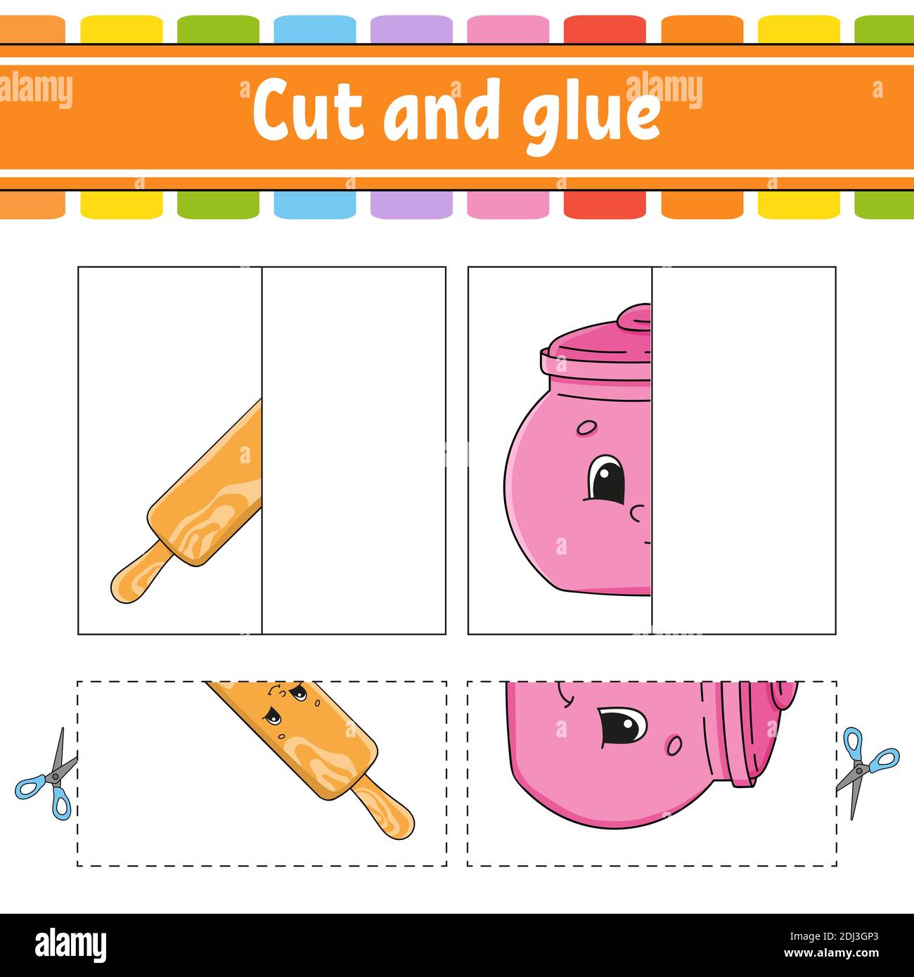 Schneiden und spielen. Papier Spiel mit Kleber. Flash-Karten. Arbeitsblatt zum Bildungswesen. Aktivitätsseite. Witziger Charakter. Isolierte Vektordarstellung. Cartoon-Stil. Stock Vektor