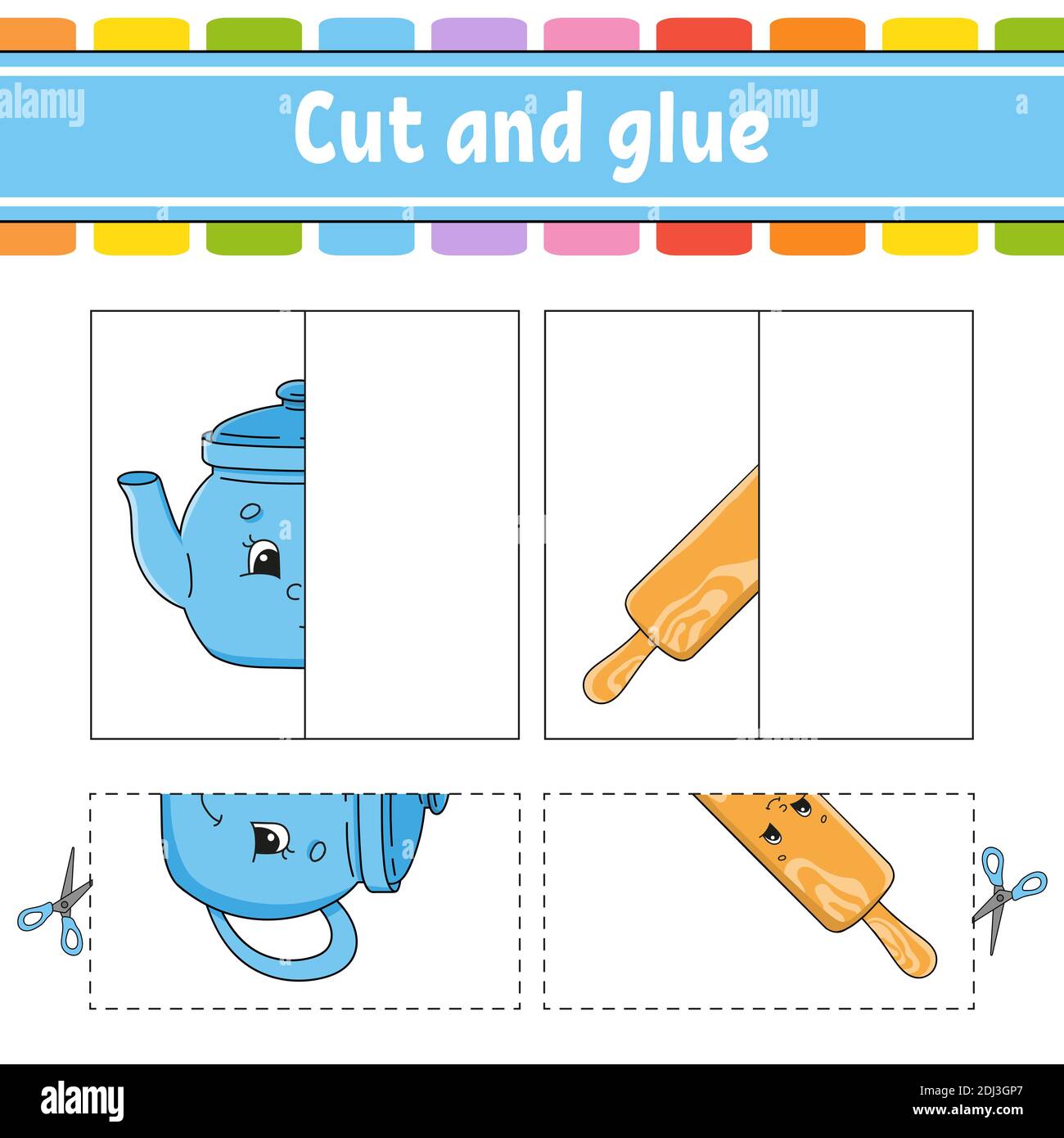 Schneiden und spielen. Papier Spiel mit Kleber. Flash-Karten. Arbeitsblatt zum Bildungswesen. Aktivitätsseite. Witziger Charakter. Isolierte Vektordarstellung. Cartoon-Stil. Stock Vektor