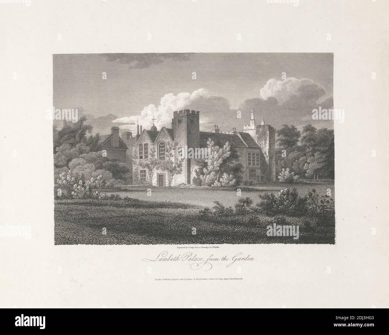 Lambeth Palace from the Garden, John Greig, aktiv 1800–1853, britisch, nach C. John M. Whichelo, 1784–1865, britisch, 1804, Engraving Stockfoto