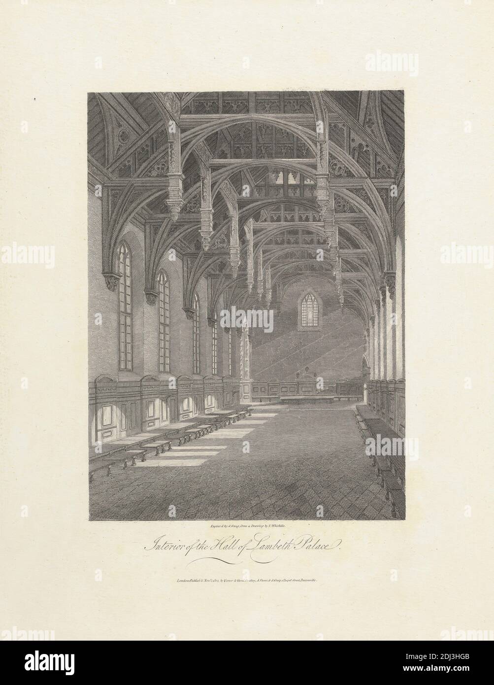 Innenansicht der Halle des Lambeth Palace, John Greig, aktiv 1800–1853, britisch, nach C. John M. Whichelo, 1784–1865, britisch, 1804, Gravur Stockfoto