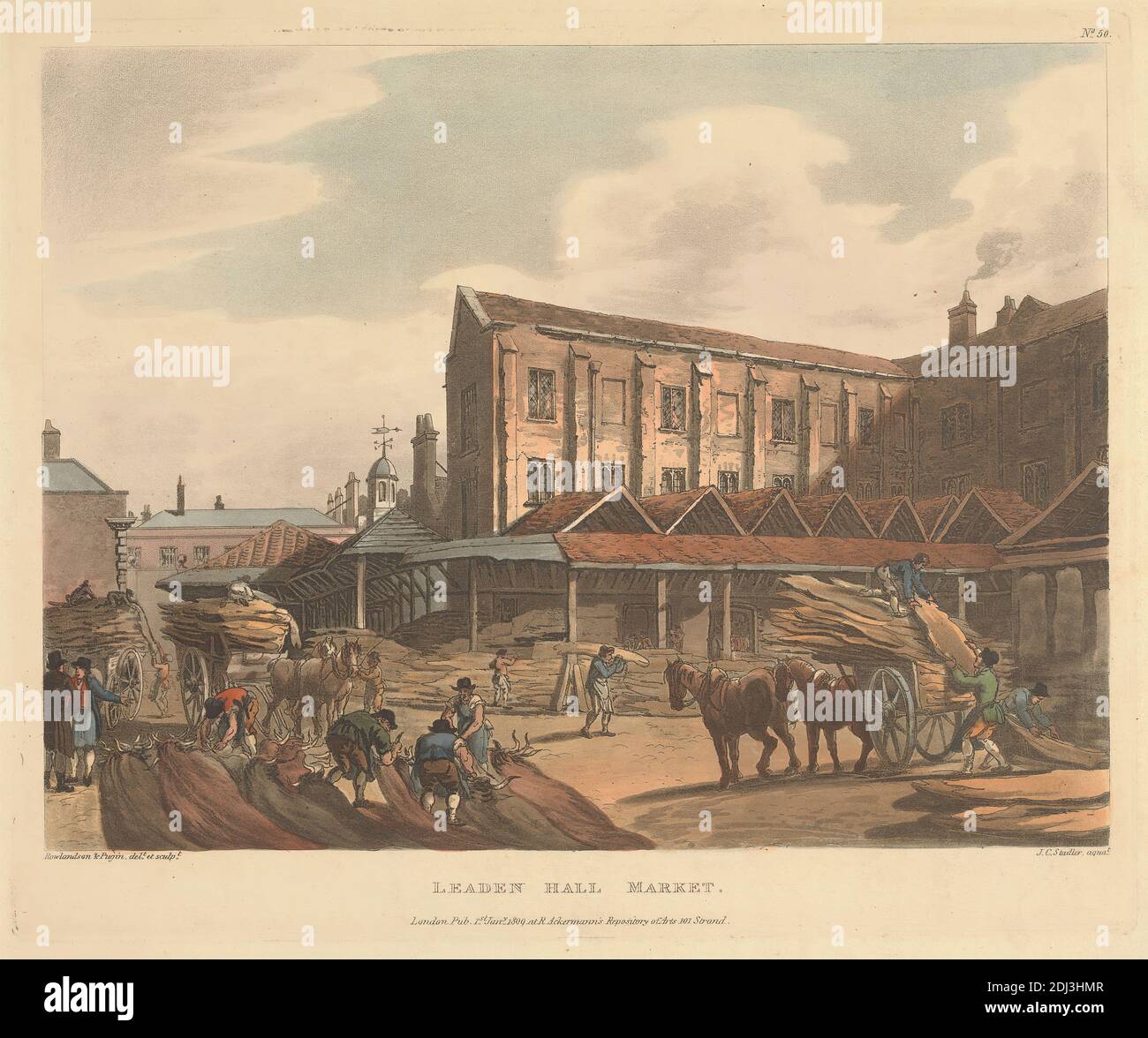 Leanen Hall Market, Joseph Constantine Stadler, aktiv 1780–1812, britisch, Thomas Rowlandson, 1756–1827, britisch, nach Augustus Charles Pugin, 1762–1832, französisch, 1809, Aquatint, handfarbig Stockfoto