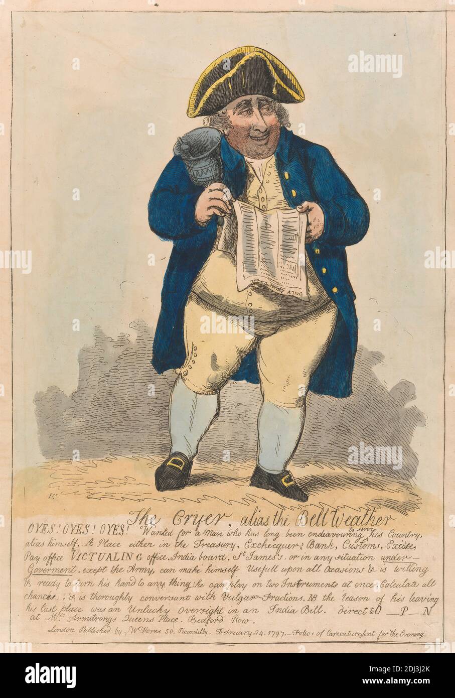 The Cryer, Alias the Bell Weather, Isaac Cruikshank, 1756–1810, British, 1797, Radierung, handfarbig, Blatt: 12 7/8 x 8 7/8in. (32.7 x 22,5 cm Stockfoto