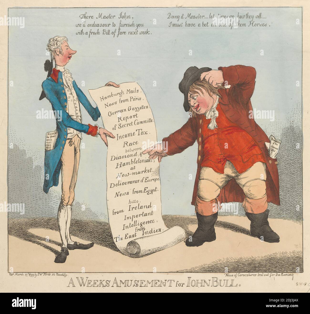A Weeks Amusement for John Bull, Charles Ansell, ca. 1752–Active 1790, British, 1799, Radierung, handfarbig, Blatt: 9 1/2 x 10 5/8in. (24.1 x 27 cm Stockfoto