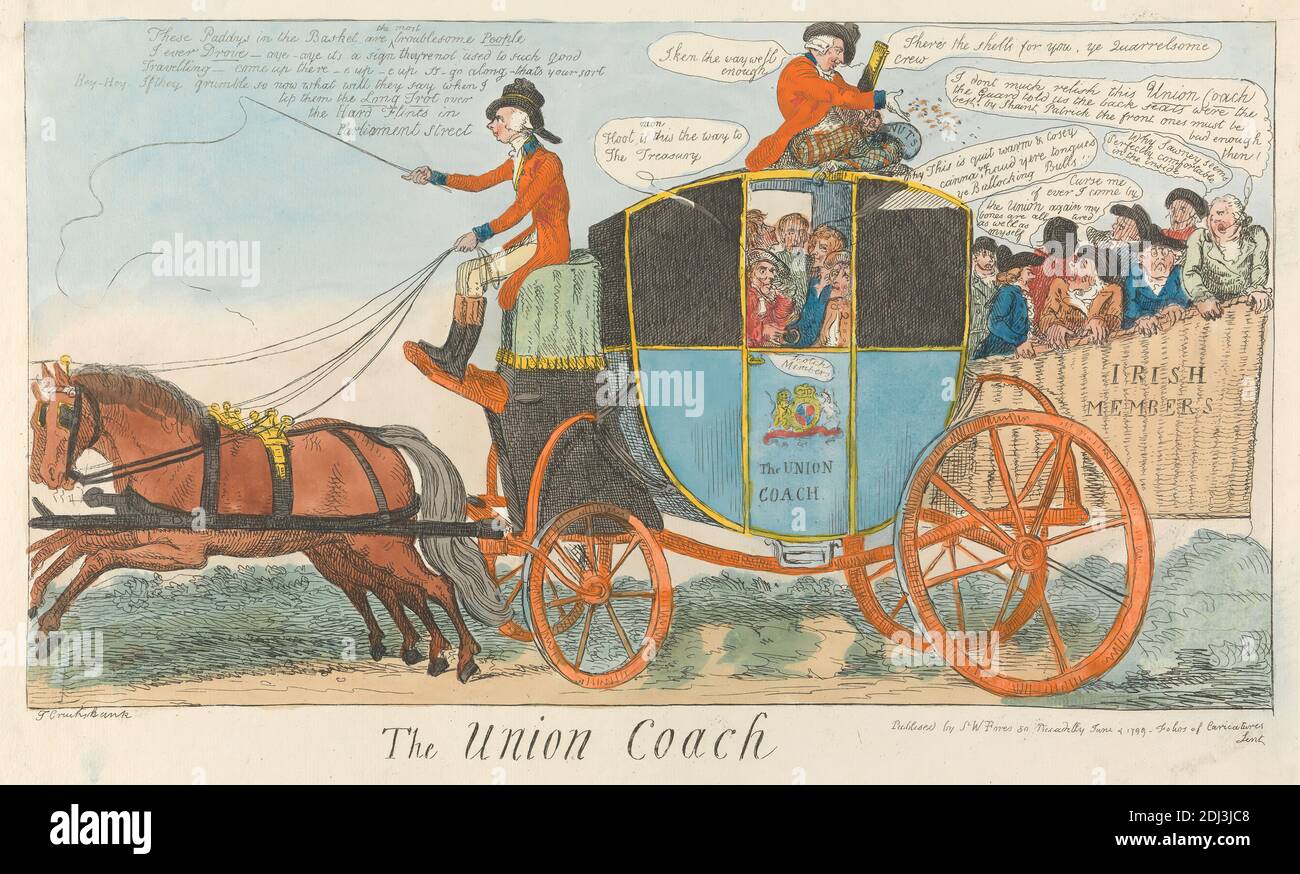 The Union Coach, Isaac Cruikshank, 1756–1810, britisch, 1799, Radierung, handfarbig, Blatt: 8 3/8 x 15 (21.3 x 38,4 cm Stockfoto