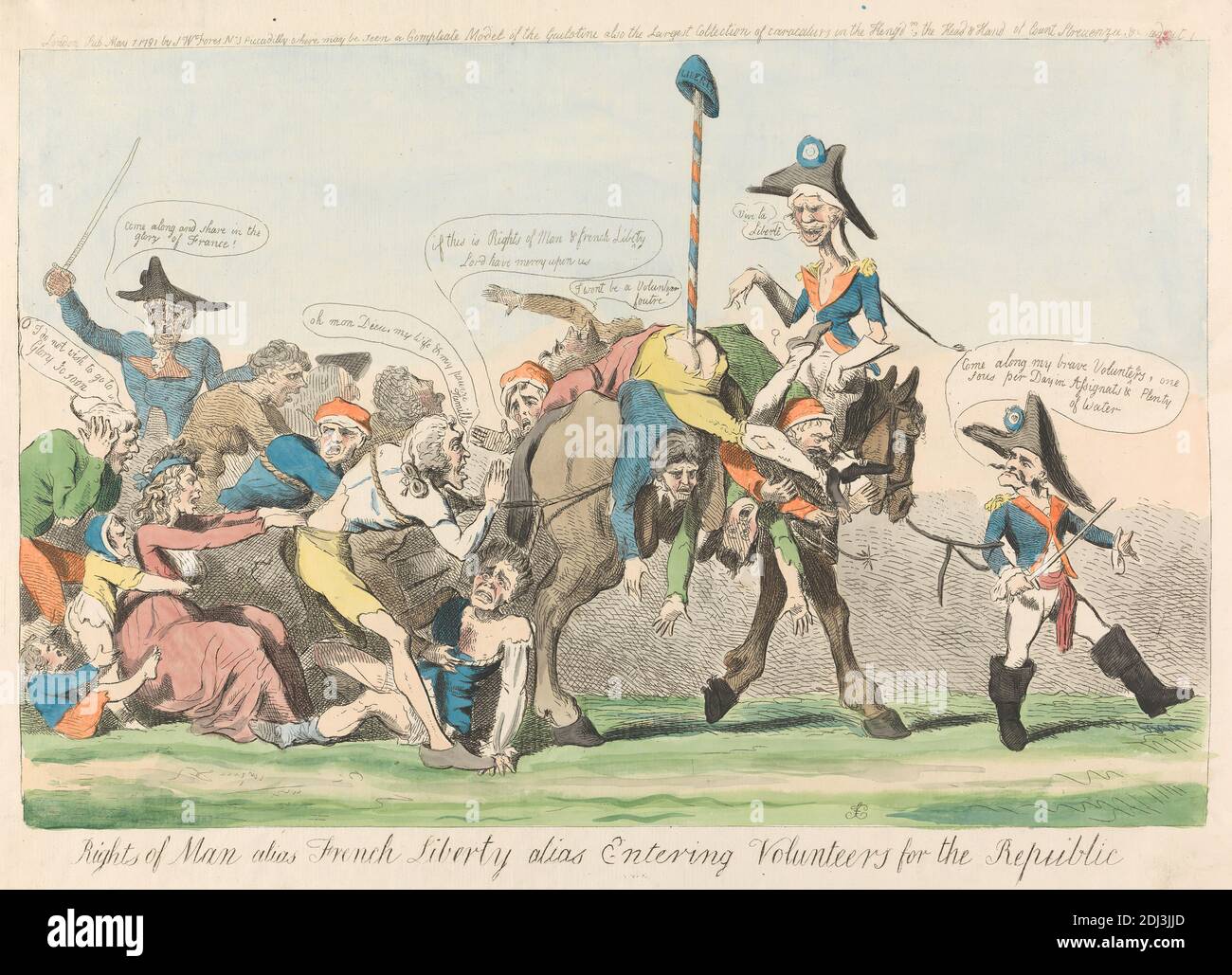 Rechte des Menschen Alias Französisch Liberty Alias Eingabe Freiwilliger für die Republik (aus: Karikatur, Band 3) ( aus: Karikatur, Band 3), Isaac Cruikshank, 1756–1810, britisch, 1791, Radierung, handfarbig, Blatt: 9 1/4 x 14in. (23.5 x 35,6 cm Stockfoto