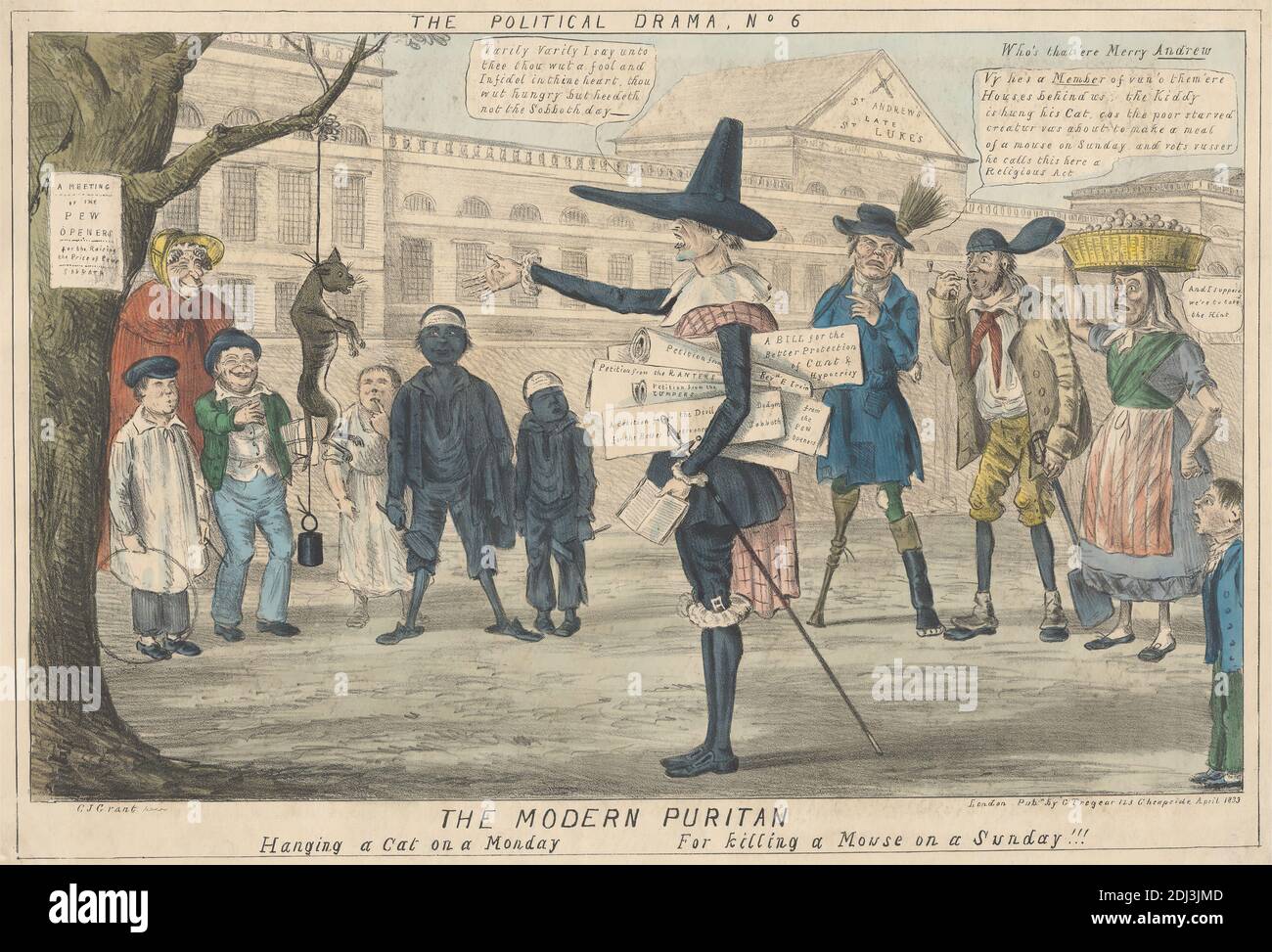 The Modern Puritan, Hanging a Cat on a Monday for Killing a Mouse on a Sunday!!!, Print made by Charles Jameson Grant, Active 1830–1852, British, after Charles Jameson Grant, Active 1830–1852, British, Published by Gabriel Shire Tregear, Active 1828–1840, British, 1833, Lithograph, handgefärbt auf mäßig dick, leicht strukturiert, Cremefarbenes Wove-Papier, Blatt: 10 15/16 x 15 13/16 Zoll (27.8 x 40.2 cm) und Bild: 9 3/8 x 14 3/4 Zoll (23.8 x 37.5 cm), Körbe, Karikatur, Katze (Hauskatze), Kinder, Kragen, Menge, Manschetten, Tod, Gestik, Hängen (Ausführung), Hüte, historisches Thema, Humor Stockfoto