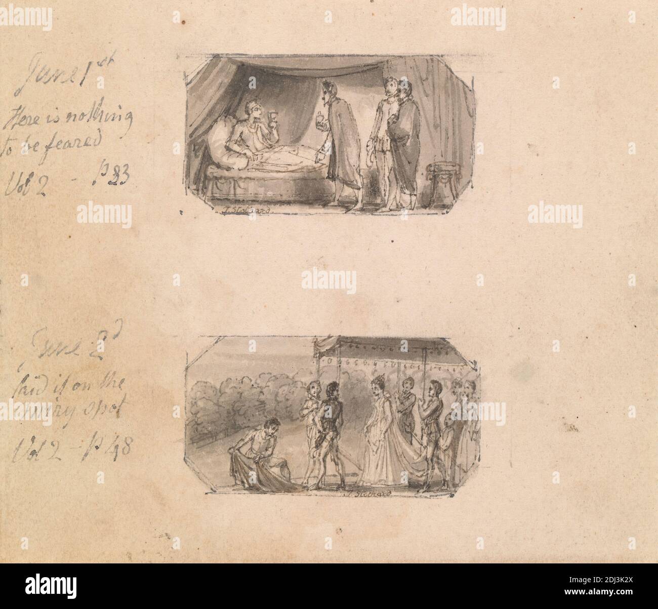 1. Juni: Es gibt nichts zu befürchten (Vol. 2, S. 83) 2. Juni: Laid if on the very Spot (Vol. 2, S. 48), Thomas Stothard, 1755–1834, britisch, undatiert, Grauwäsche mit Stift und schwarzer Tinte auf dünnem, glattem, cremefarbenem Papier, Blatt: 3 3/4 × 4 1/4 inches (9.5 × 10.8 cm), Aristokraten, Bett, Junge, Baldachin, Baldachin, Teppich, Umhänge, Höflinge, Tasse, Genresubjekt, ungültig, Kenilworth, von Walter scott, 1821, Medizin, Adlige, Zug Stockfoto