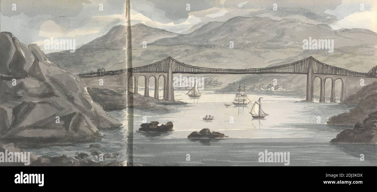 Menai-Brücke von der Insel Anglesea, 3. September 1830, Anne Rushout, ca. 1768–1849, britisch, 1830, Aquarell, Feder und schwarze Tinte und Graphit auf mäßig dickem, leicht strukturiertem, cremefarbenen Papier, Blatt: 3/4 × 50.8 cm (6 × 20 17.1 Zoll) und Bild: 3/4 × 15 1/4 cm (6 × 17.1 38.7 Zoll), architektonisches Motiv Stockfoto