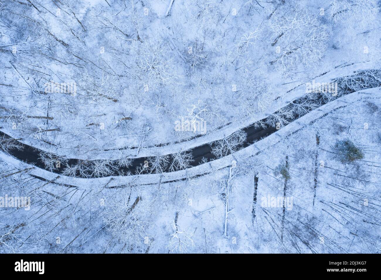 Luftaufnahme einer Straße in einem verschneiten Wald in Winter Stockfoto