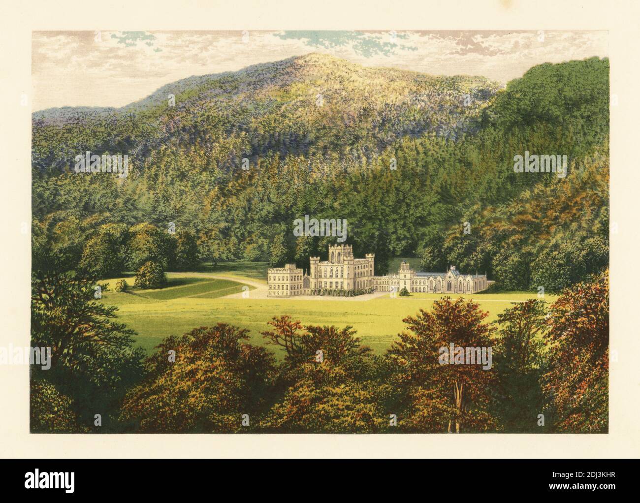 Taymouth Castle, Perthshire, Schottland. Schloss im neugotischen Stil mit Treppe, entworfen von Francis Bernasconi, erbaut im frühen 19. Jahrhundert für John Campbell, 1. Marquess of Breadalbane. Farbholzschnitt von Benjamin Fawcett im Baxter-Prozess einer Illustration von Alexander Francis Lydon aus Reverend Francis Orpen Morris malerischen Ansichten der Sitze von Adligen und Herren aus Großbritannien und Irland, William Mackenzie, London, 1880. Stockfoto