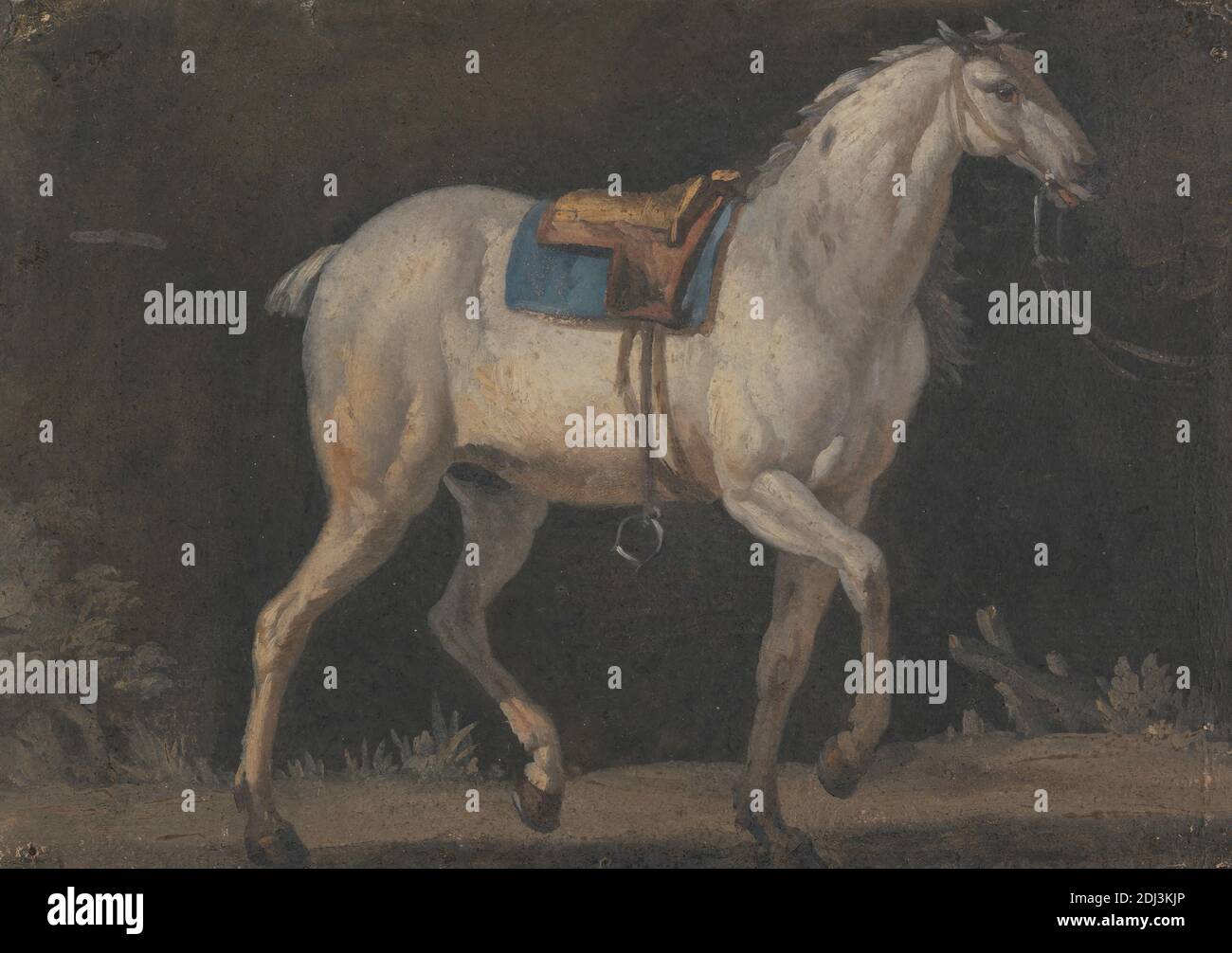 Saddled Grey Horse Walking, Jacques-Laurent Agasse, 1767–1849, Schweizer, aktiv in Großbritannien (ab 1800), undatiert, Öl auf mäßig dick, mäßig strukturiert, braun, webtes Papier, Blatt: 5 5/16 × 7 9/16 Zoll (13.5 × 19.2 cm), Zeitgenössische gezeichnete Bordüre: 5 15/16 × 8 3/16 Zoll (15.1 × 20.8 cm), und Halterung: 7 15/16 × 9 15/16 Zoll (20.2 × 25.2 cm), Tierkunst, Pferd (Tier), Sattel Stockfoto