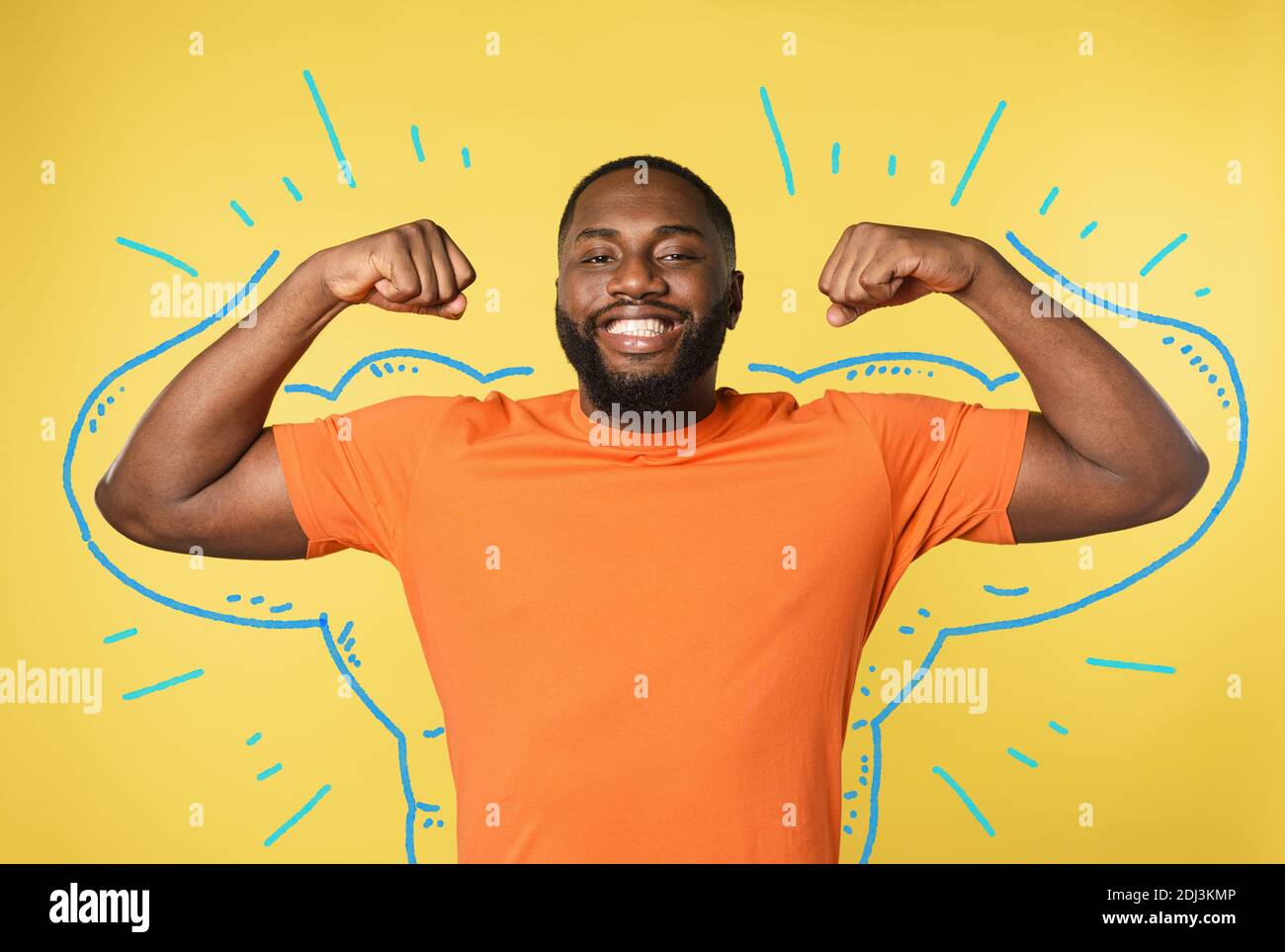 Schwarzer Mann denkt, starke Muskeln zu haben. Gelber Hintergrund Stockfoto