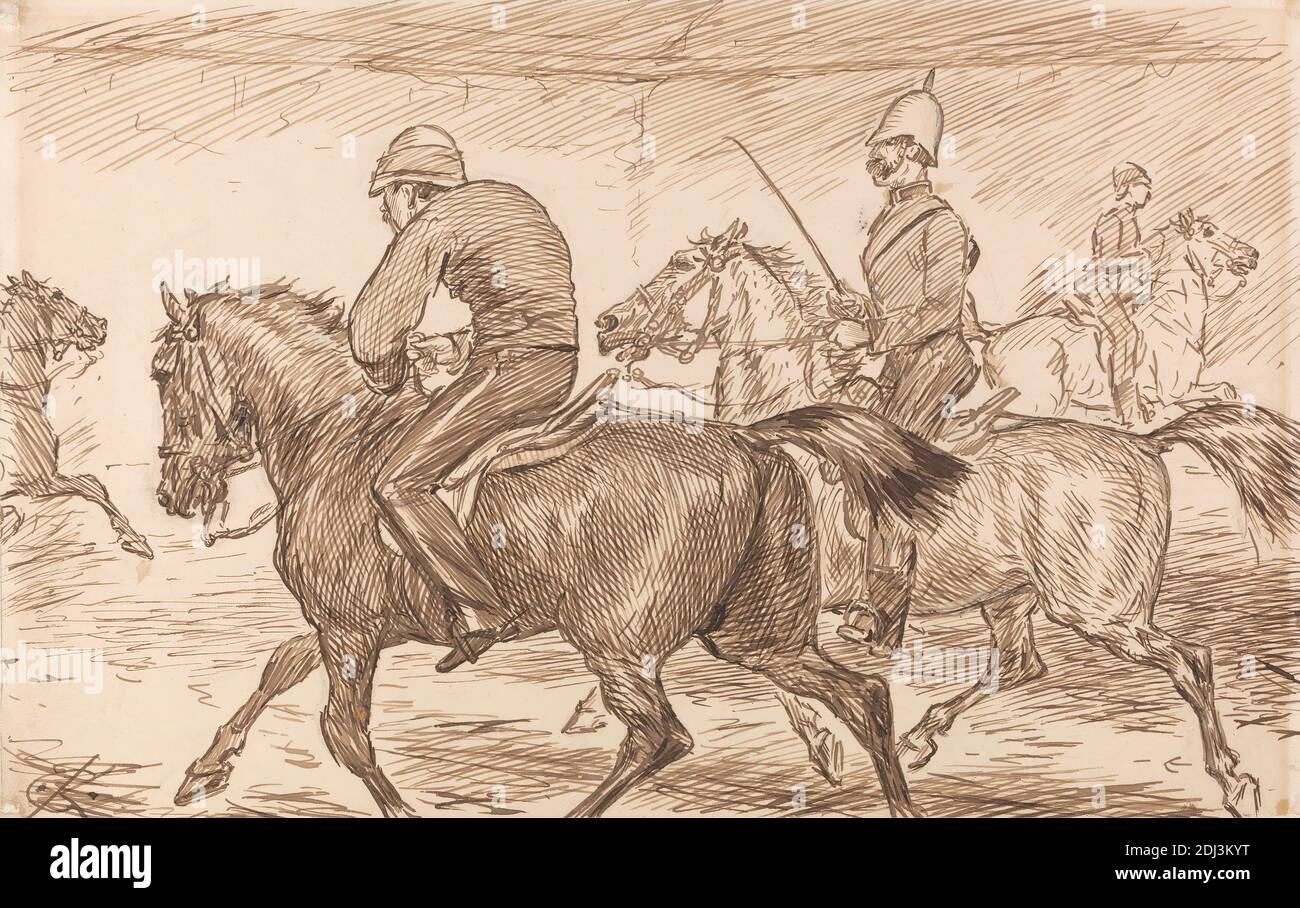An Indoor Military Riding School with an Instructor Teaching recruits to Trab, Charles Samuel Keene, 1823–1891, britisch, undatiert, Pen, in brauner Tinte: Auf Medium, glatt, beige, wove Papier, montiert auf sehr dickem, glattem, cremefarbenem, wove Kartenpapier, Blatt: 7 15/16 × 12 3/8 Zoll (20.2 × 31.4 cm) und Halterung: 12 × 17 13/16 Zoll (30.5 × 45.2 cm), Figurenstudie, Reiter, Reiten, Pferde (Tiere), Lehrer, Militärkunst, Rekruten, Reitschule, Traben Stockfoto