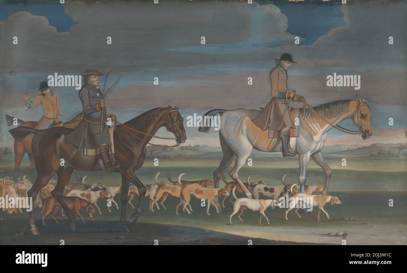 Setting Off für die Chase : der Jäger führt aus ein Pack von Harriers gefolgt von der Meister und die Whipper-in , James Seymour , 1702–1752, britisch , undatiert , Gouache auf Medium , leicht strukturiert , creme wove Papier montiert auf gestreckte Leinwand , Blatt : 12 1/8 × 20 Zoll (30.8 × 50.8 cm), Hunde (Tiere), Reiter, Reiten, Pferde (Tiere), Hunde (Hunde), Jagd, Jäger, Jagd, Landschaft, Meister, Männer, Sportkunst, Peitsche Stockfoto