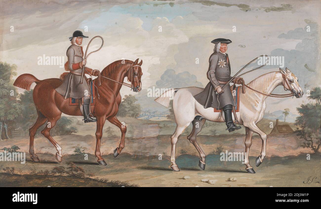 George Montague, erster Earl of Halifax auf seinem White Hunter, Ironside, mit seinem Groom on Justice, einer 1721 geflüsterten Kastanie, James Seymour, 1702–1752, British, 1721, Gouache, Graphit und Stift in schwarzer Tinte und brauner Tinte auf mäßig dicker mäßig strukturierter, beiger, gegossenen Papier, Bild: 6 3/16 × 10 9/16 Zoll (15.7 × 26.8 cm) und Blatt: 6 1/2 x 10 13 Zoll (16.5 x 27,5 cm), Hochformat Stockfoto