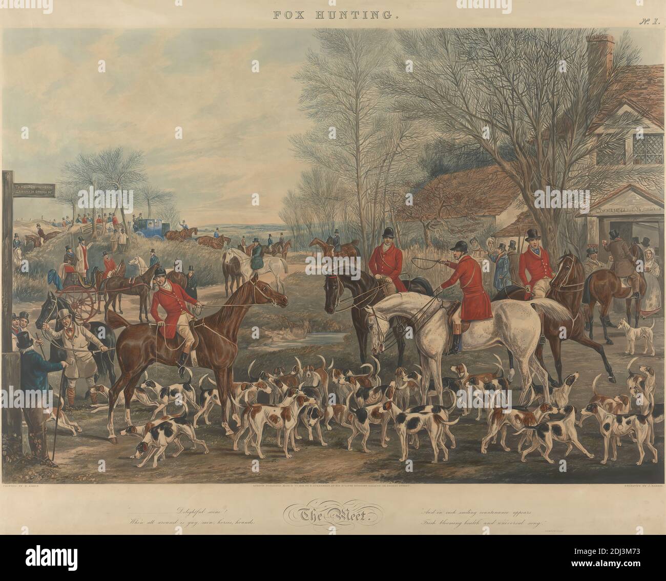 Fox Hunting: The Meet, John Harris, 1811–1865, britisch, nach Henry Thomas Alken, 1785–1851, britisch, 1844, Aquatint, gedruckt in Farbe und von Hand, Blatt: 16 5/8 x 14 1/4in. (42.2 x 36,2 cm Stockfoto