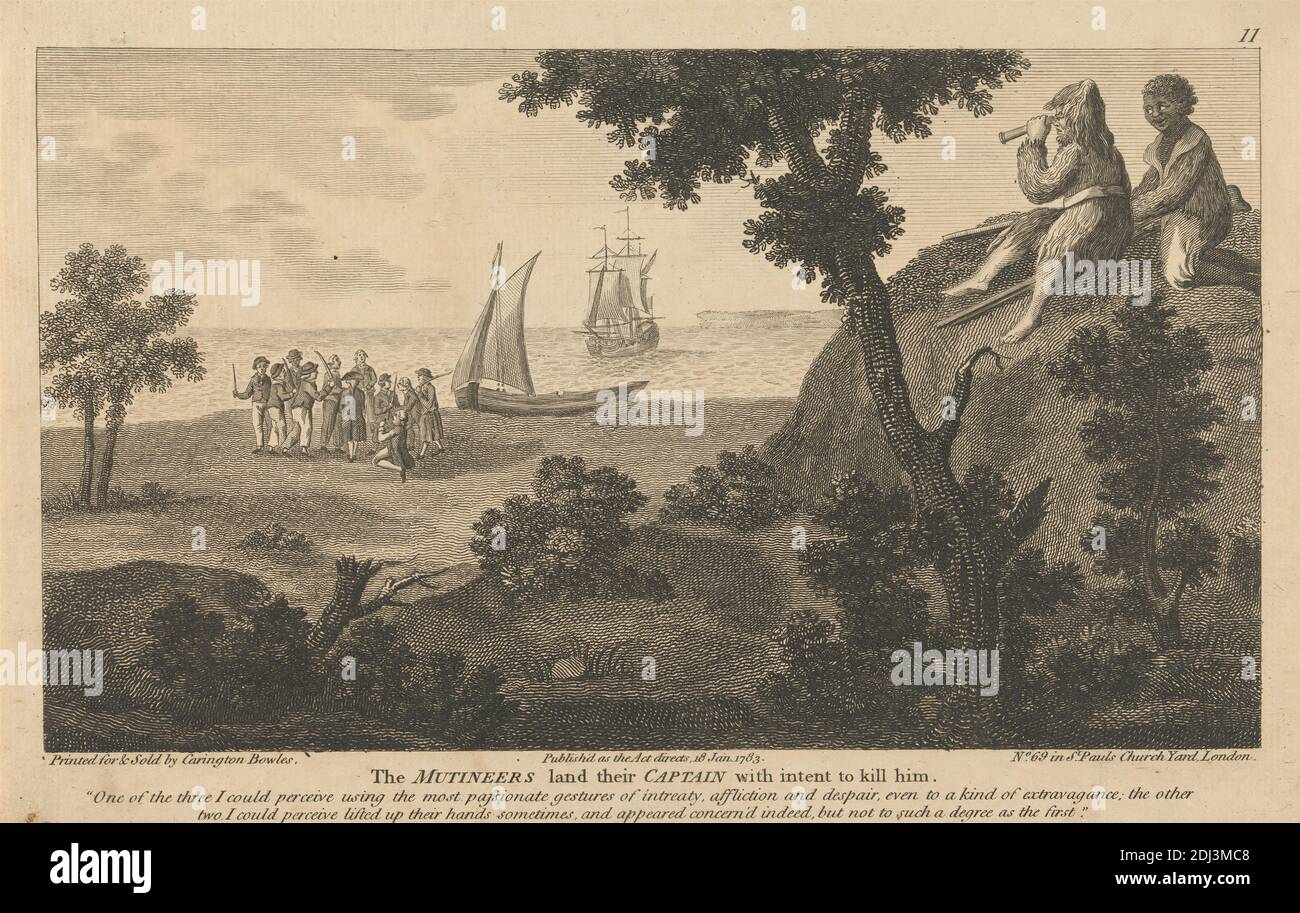 Zwölf Illustrationen von Robinson Crusoe, Carington Bowles, 1724–1793, Briten, 1783, Strand, Kapitän, Küste, literarisches Thema, Schiffe, Spionage, Tropen Stockfoto