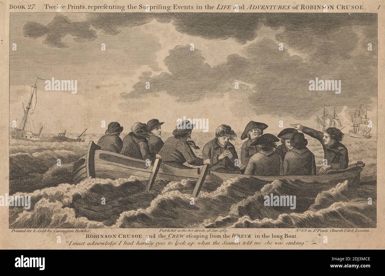 Zwölf Illustrationen von Robinson Crusoe, Carington Bowles, 1724–1793, Briten, 1783, Boot, literarisches Thema, Männer, Meer, Schiffswrack, Tropen Stockfoto
