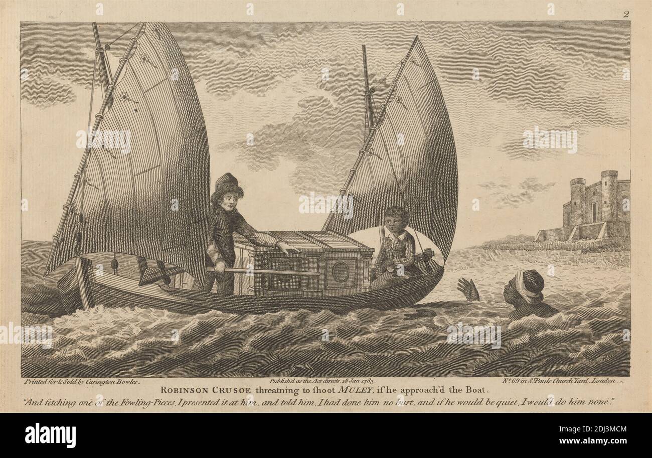 Zwölf Illustrationen von Robinson Crusoe, Carington Bowles, 1724–1793, Britisch, 1783, Boot, literarisches Thema, Meer, Schwimmen, Tropen Stockfoto