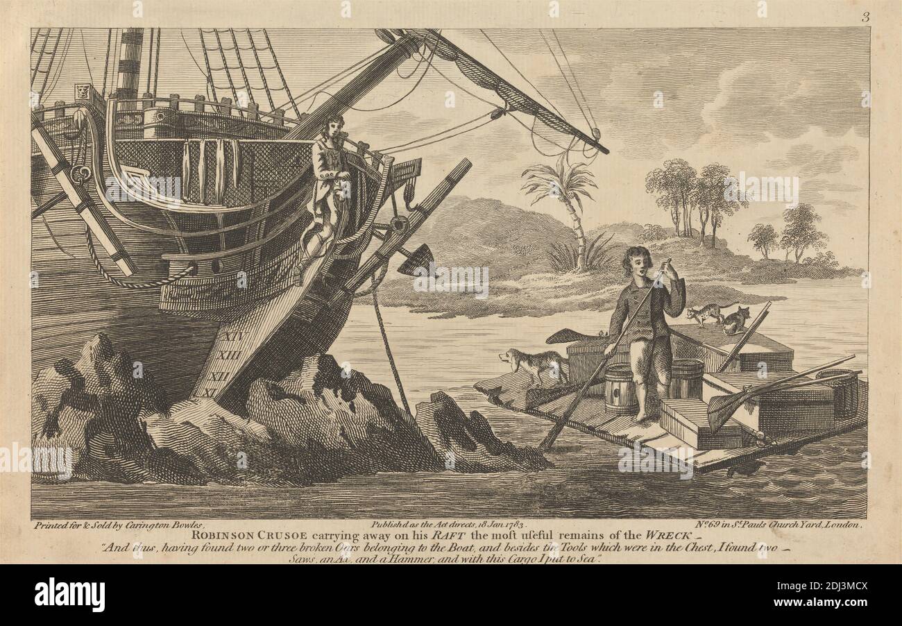 Zwölf Illustrationen von Robinson Crusoe, Carington Bowles, 1724–1793, Britisch, 1783, Strand, Fracht, Hund (Tier), literarisches Thema, Floß, Schiffswrack, Tropen Stockfoto