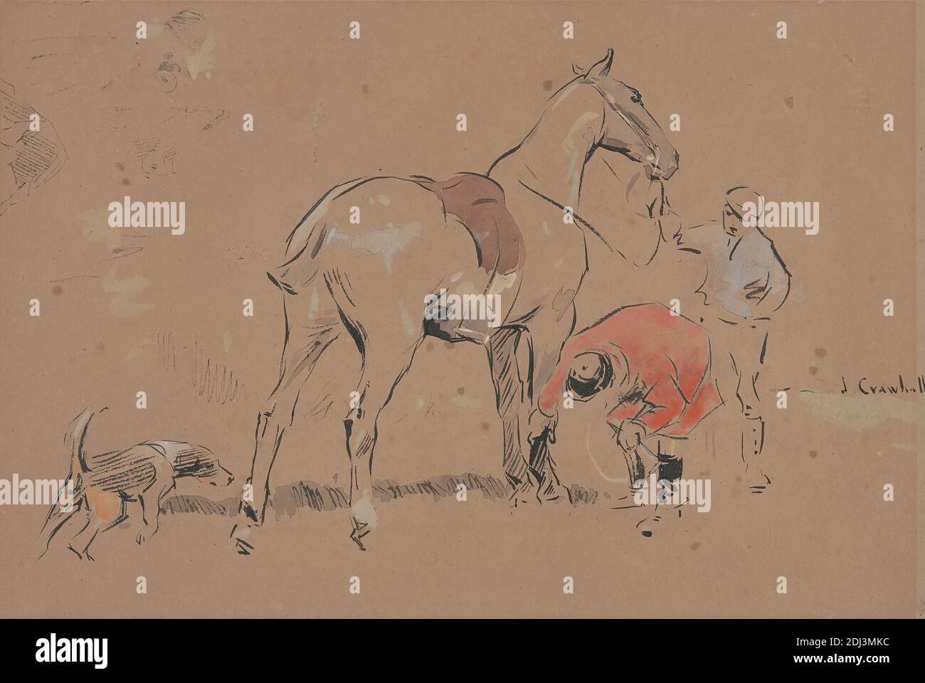 The Loose Shoe, Joseph Crawhall, 1861–1913, britisch, undatiert, Stift, schwarze Tinte und Gouache auf mittlerem, schräg strukturiertem, braunem Wove-Papier, Blatt: 8 1/2 × 12 5/8 Zoll (21.6 × 32.1 cm), Hund (Tier), Pferd (Tier), Männer, Sportkunst Stockfoto