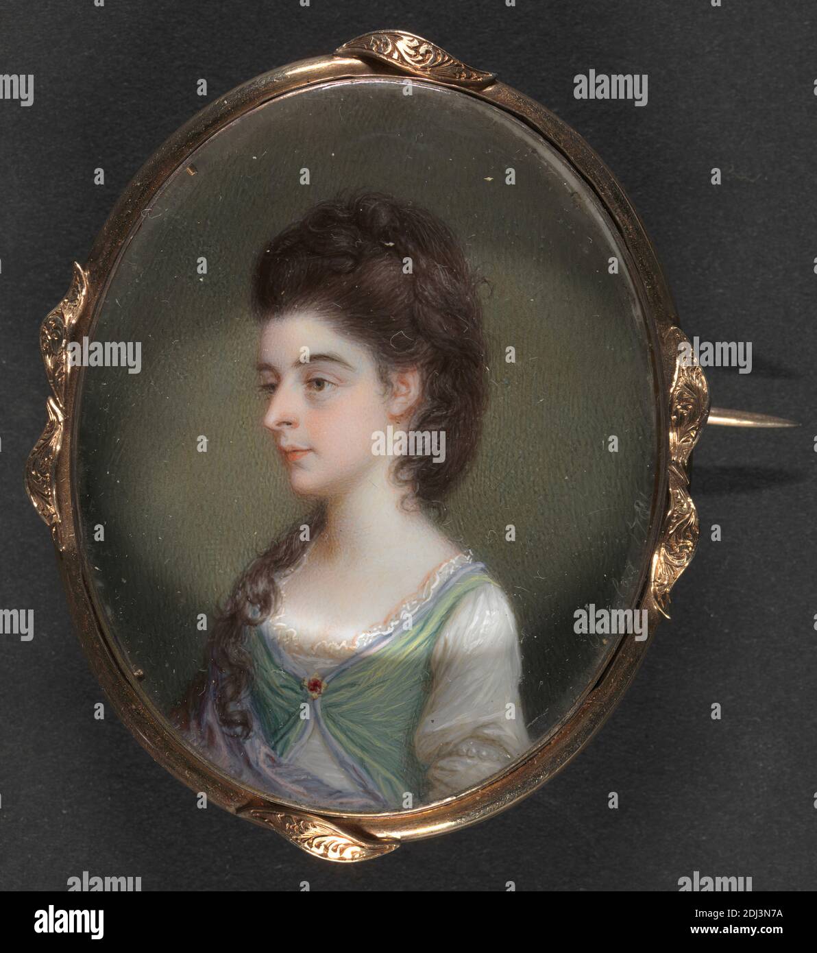 Portrait of a Lady, James Scoiller, 1741–1812, British, 1781, Gouache und Aquarell auf Elfenbein, Bild: 2 x 1 5/8 Zoll (5.1 x 4.1 cm) und Rahmen: 2 1/4 x 2 1/8 x 3/4 Zoll (5.7 x 5.4 x 1.9 cm), Porträt Stockfoto