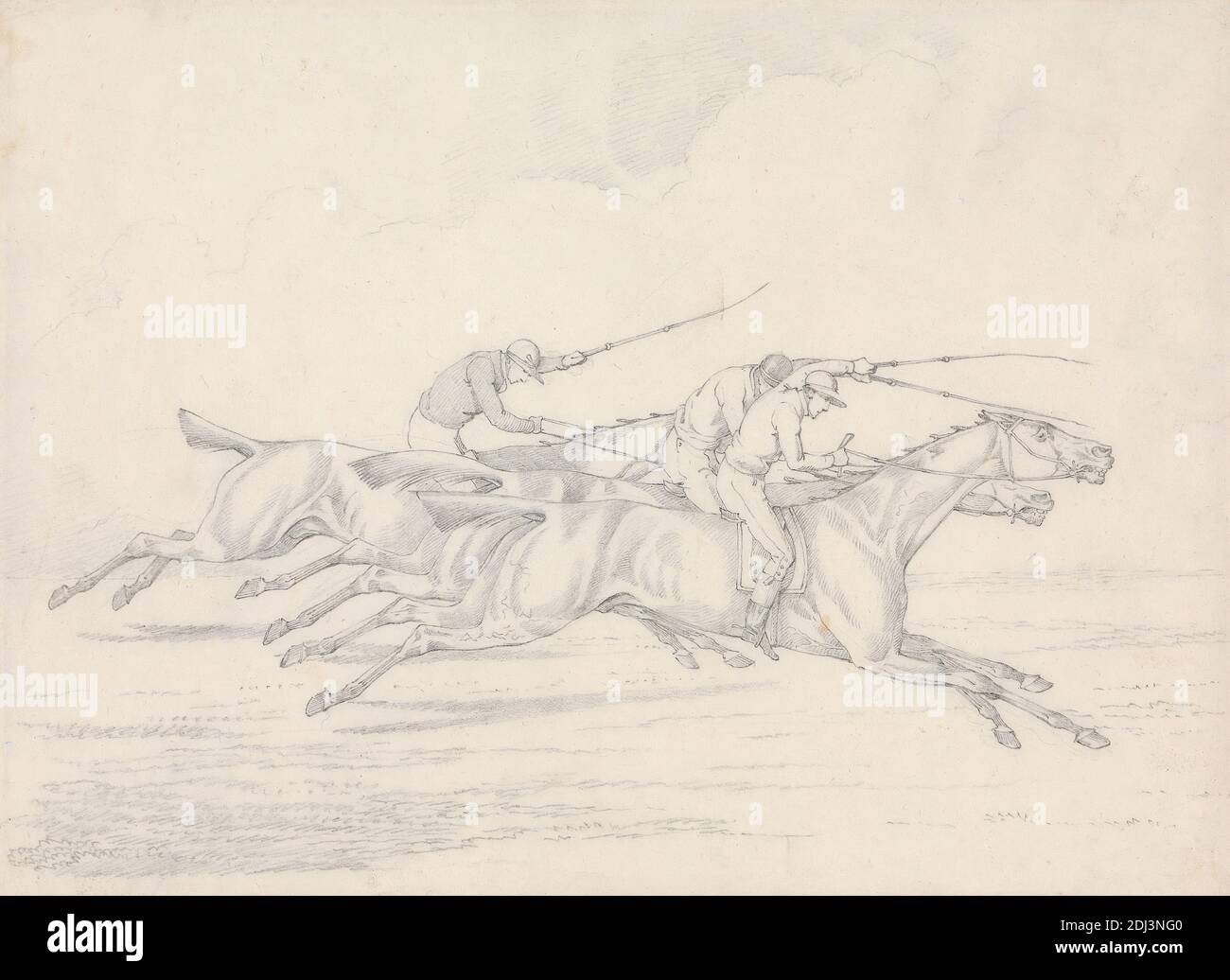 Scraps', No 17: Racing, Three Horses with Jockeys up galopping to right, Henry Thomas Alken, 1785–1851, britisch, undatiert, Graphit auf Medium, leicht strukturiert, blauweiß, wove paper, Sheet: 6 9/16 × 9 1/16 Zoll (16.7 × 23 cm), Galoppieren, Pferderennen, Reiter, Reiten, Pferde (Tiere), Jockeys, Männer, Rennen (Veranstaltung), Sportkunst, Peitschen (Tierausrüstung Stockfoto
