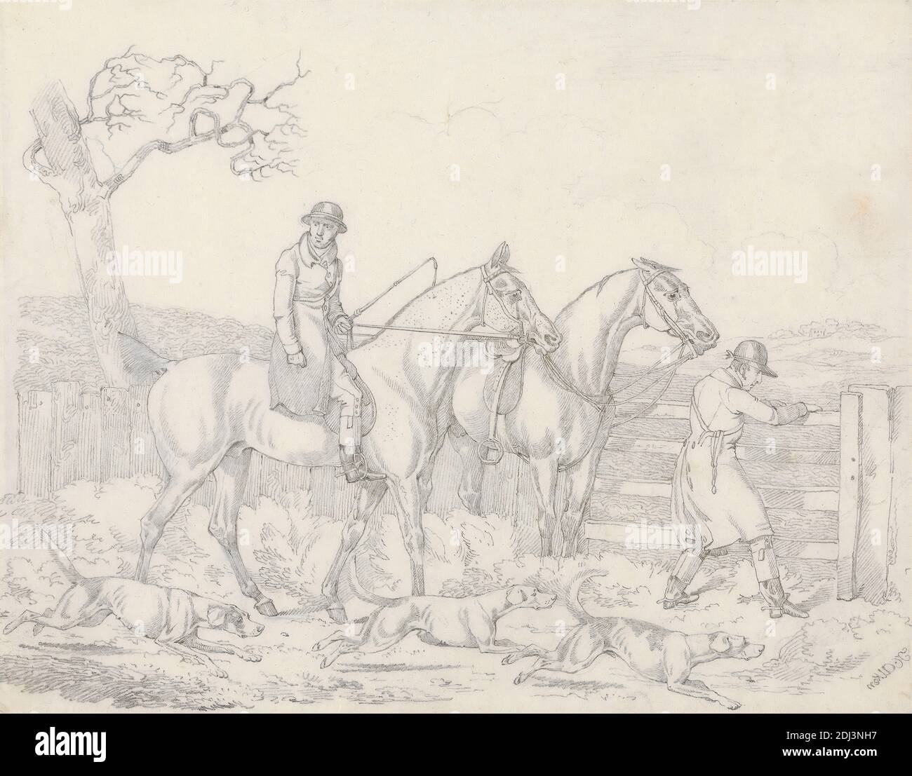 Scraps', No. 24: Hunting -TTWO Riders, One Opening a Gate for Hounds, Henry Thomas Alken, 1785–1851, British, 1823, Graphite und weiße Gouache auf Medium, leicht strukturiert, blauweiß, Wobelpapier, Blatt: 7 3/16 × 9 3/16 Zoll (18.3 × 23.3 cm), Hunde (Tiere), Zaun, Tor, Reiter, Reiten, Pferde (Tiere), Hunde (Hunde), Jagd, Jäger, Jagd, Männer, Sportkunst, Baum, Peitsche Stockfoto