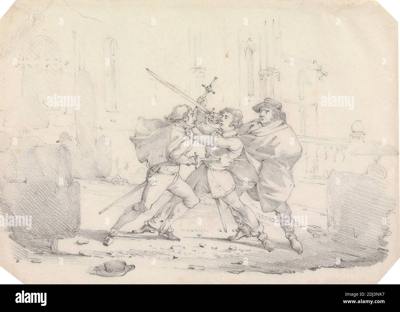 Drei Männer in (?) Siebzehnten Jahrhundert Kleid, in a Street Sword Fight, Central man Run Through, Henry Thomas Alken, 1785–1851, britisch, undatiert, Graphit und rote Kreide auf dünne, glatte, gebläute weiße, wove Papier, Blatt: 4 15/16 × 6 13/16 inches (12.5 × 17.3 cm), Kampf, Genre Thema, Hut, Verletzung, Männer, stechend, Straße, Schwerter, Wunde Stockfoto