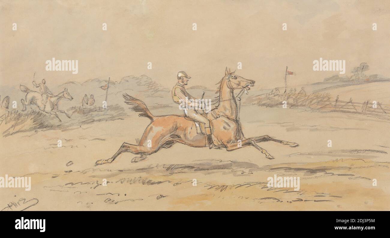 Point-to-Point Racing, Hablot Knight Browne, 1815–1882, britisch, undatiert, Aquarell, Kohle, Graphit und weiße Gouache auf Medium, leicht strukturiert, beige, Wove Papier, Blatt: 5 7/16 × 9 15/16 inches (13.8 × 25.2 cm), Zaun, Feld, Fahnen, Pferderennen, Pferde (Tiere), Jockeys, Springen, Landschaft, Rennen (Veranstaltung), Sportkunst, Bäume Stockfoto