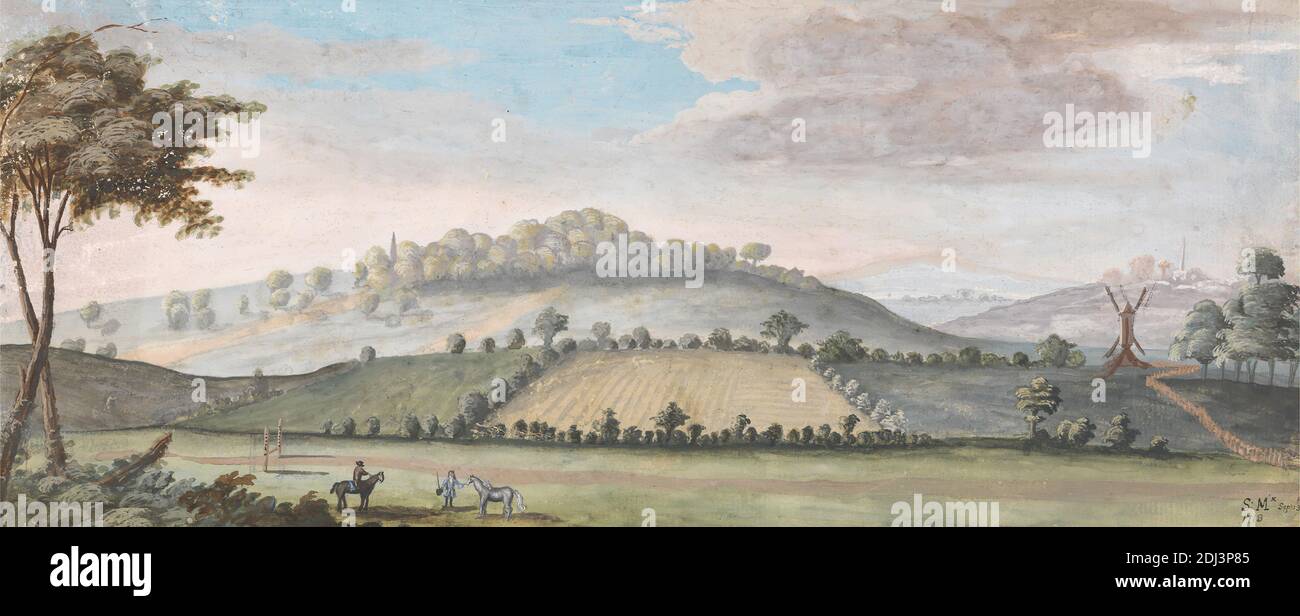 Panoramablick mit zwei Reitern durch einen Sprung, 30. September 1713 (? 1718), unbekannter Künstler, (English School 'S.M' x.'), zwischen 1713 und 1718, Gouache, Aquarell, Graphit, und Stift, in schwarzer Tinte auf Medium, mäßig strukturiert, creme, Papier gelegt, Blatt: 5 11/16 × 13 Zoll (14.4 × 33 cm) und Bild: 5 1/8 × 12 5/16 Zoll (13 × 31.3 cm), Gebäude, Wolken, Zaun, Feld, Hügel, Reiter, Pferde (Tiere), Landschaft, Männer, Bäume, Windmühle Stockfoto