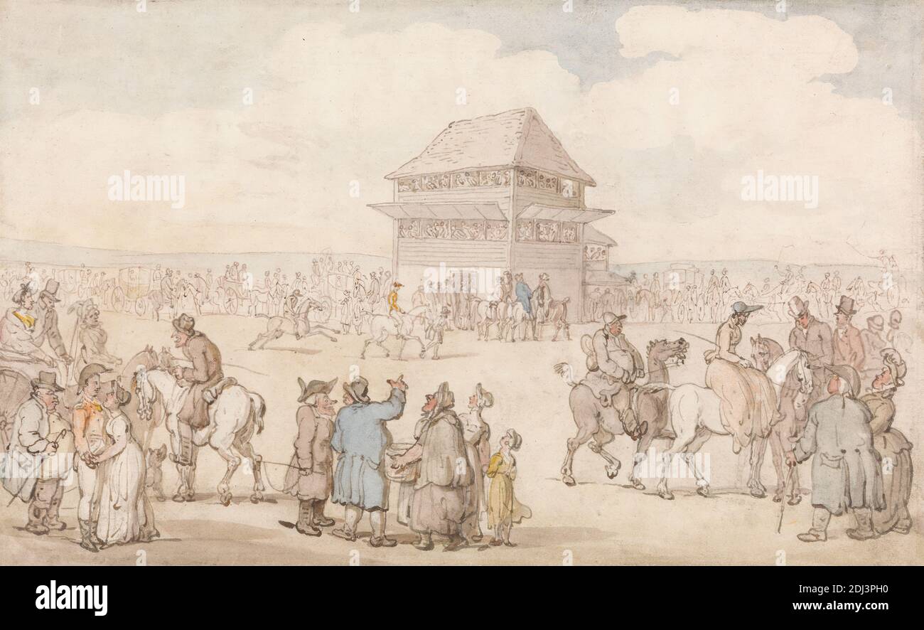 A crowded Race Meeting, Thomas Rowlandson, 1756–1827, britisch, zwischen 1805 und 1810, Aquarell, mit Kugelschreiber, in brauner Tinte, grauer Tinte und Graphit auf Medium, leicht strukturiert, blauweiß, gewobene Papiere, Blatt: 5 7/8 × 9 1/2 Zoll (14.9 × 24.1 cm), Boxen (Behälter), Kinder, Menschenmenge, Hüte, Pferde (Tiere), Jockeys, Treffen, Männer, Rennen (Veranstaltung), Soldaten, Sportkunst, Frauen Stockfoto